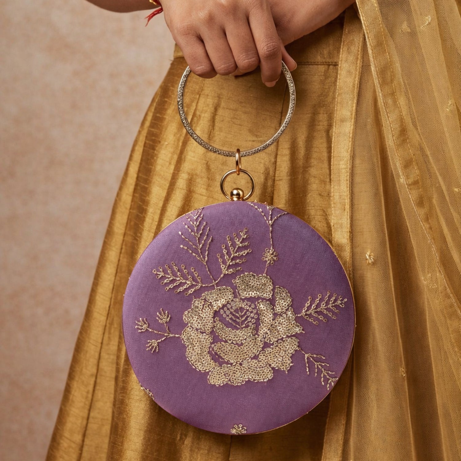 Artklim Lavender Floral Embroidered Round Clutch