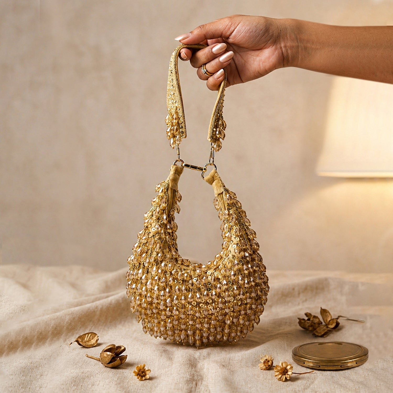 Artklim Luxe Golden Beaded Elegant Embroidery Clutch