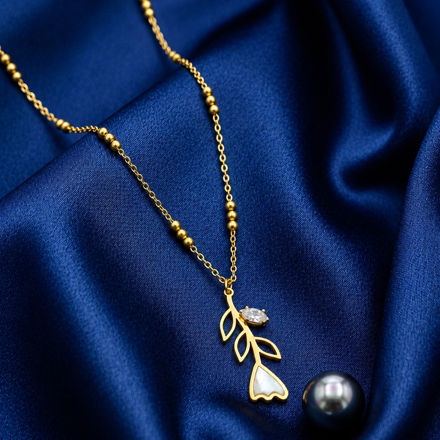 Artklim Crystal Leaf Floral Pendant Gold Beaded Anti-Tarnish Necklace