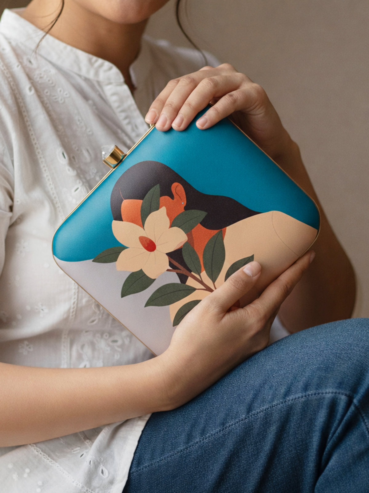 Artklim Floral Woman Illustration Printed Clutch