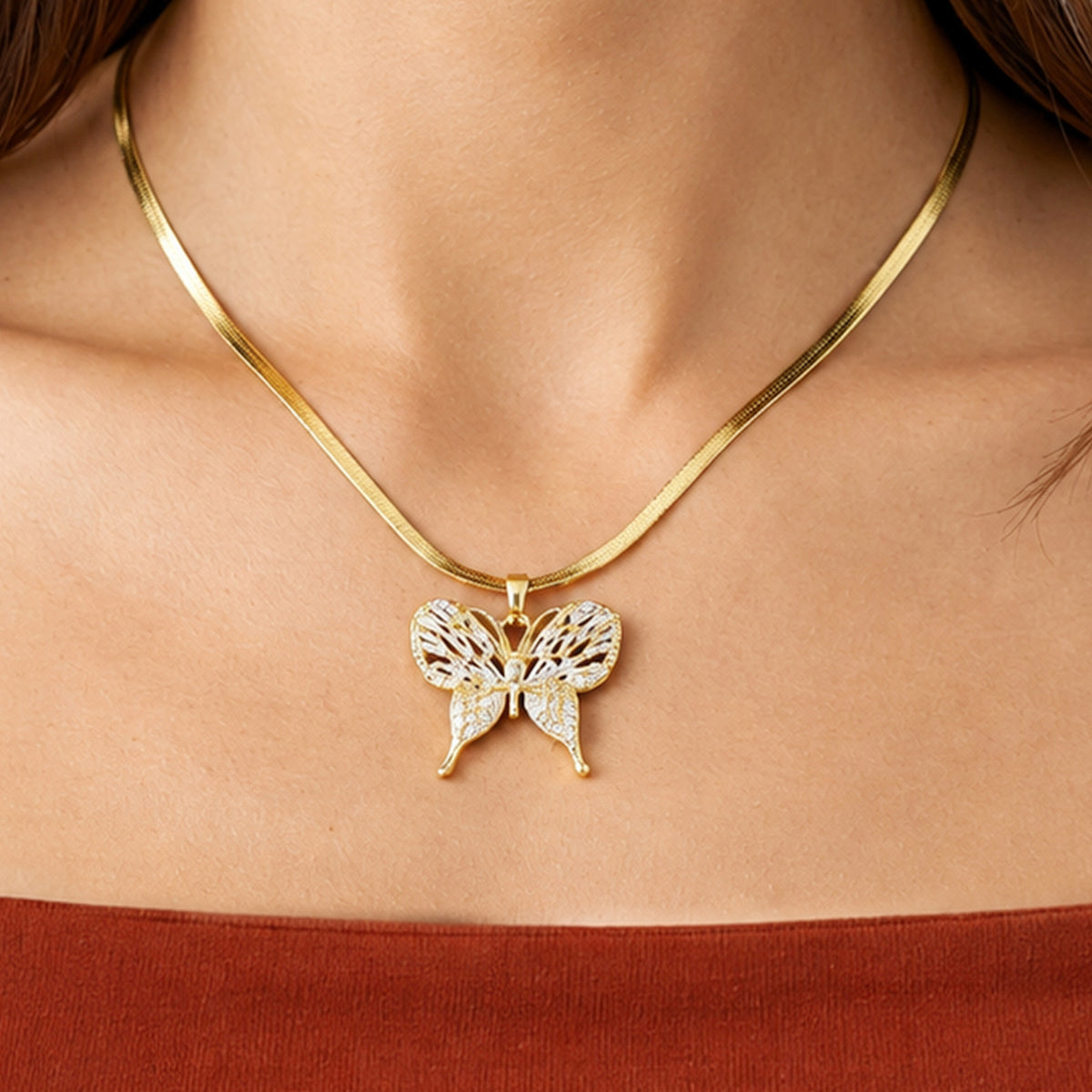 Artklim Elegant Butterfly Crystal Gold Anti-Tarnish Pendant Necklace