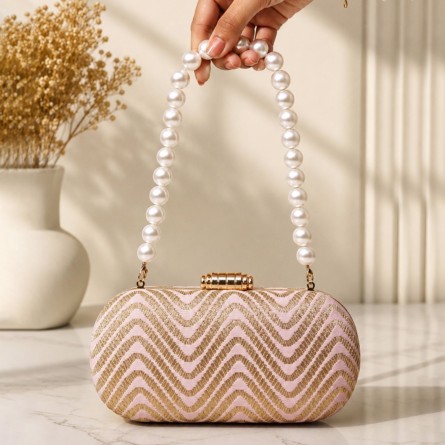 Artklim Blush Pink Zigzag Sequin Designer Embroidery Clutch
