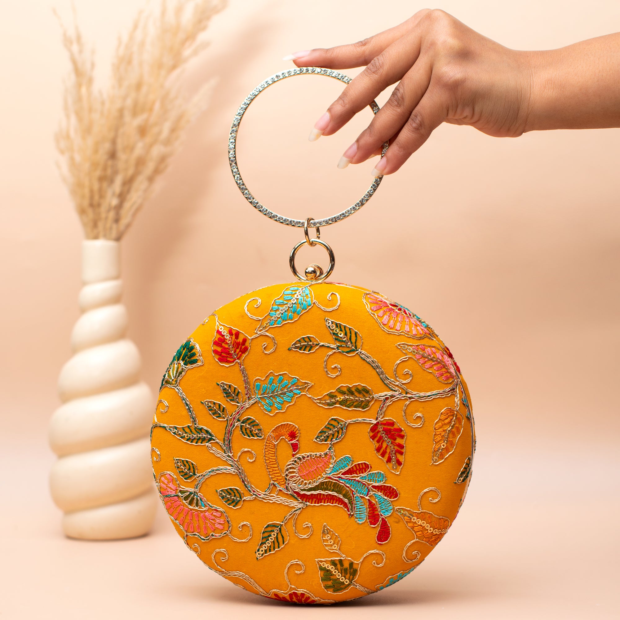 Artklim Yellow Floral Embroidered Clutch