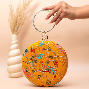 Artklim Yellow Floral Embroidered Clutch