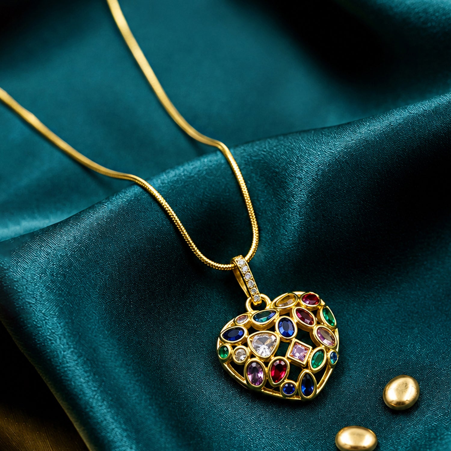 Artklim Rainbow Gem Heart Charm Anti-Tarnish Pendant Necklace