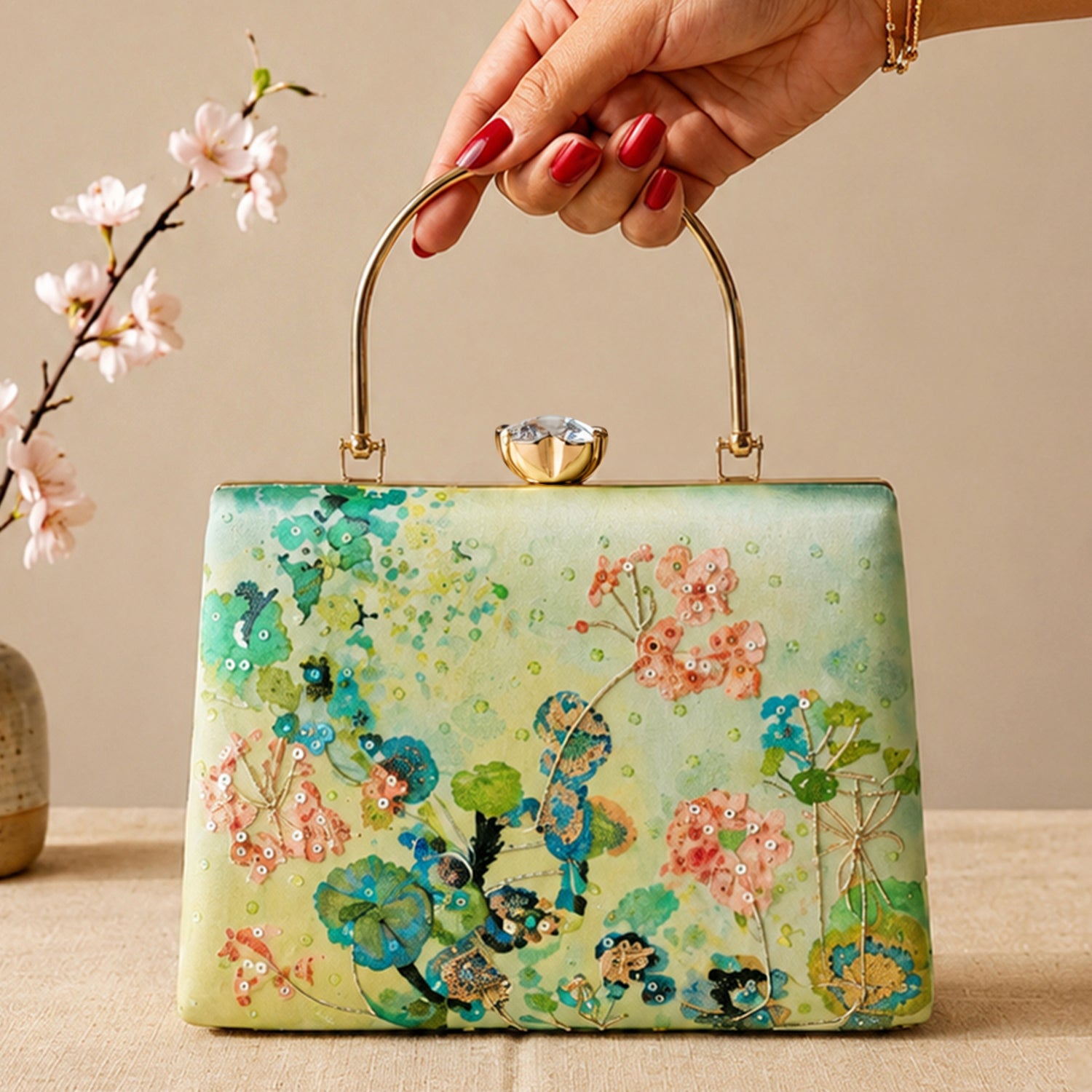 Artklim Printed Pastel Botanical Bloom Artistic Clutch with Hand Embroidery