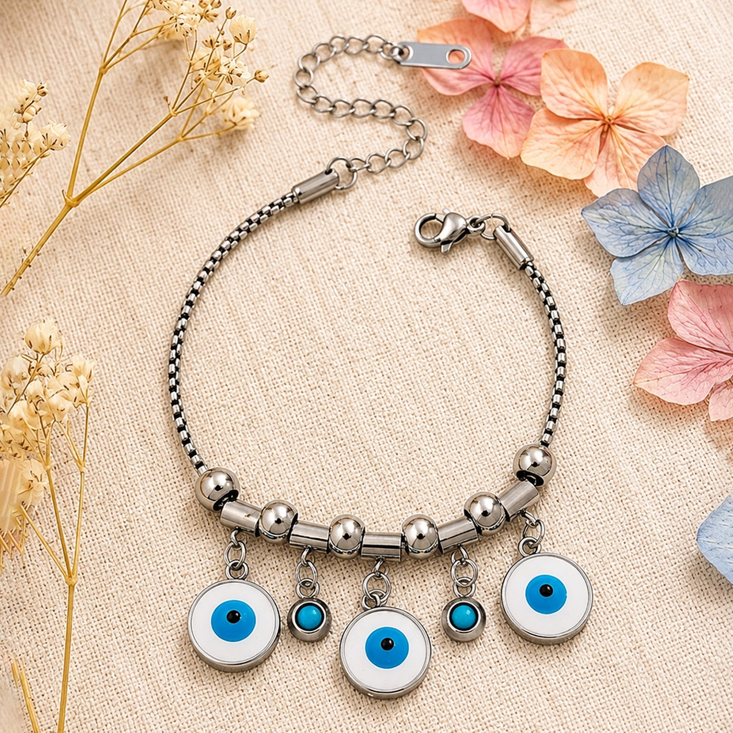 Artklim Silver Evil Eye Charm Anti-Tarnish Bracelet