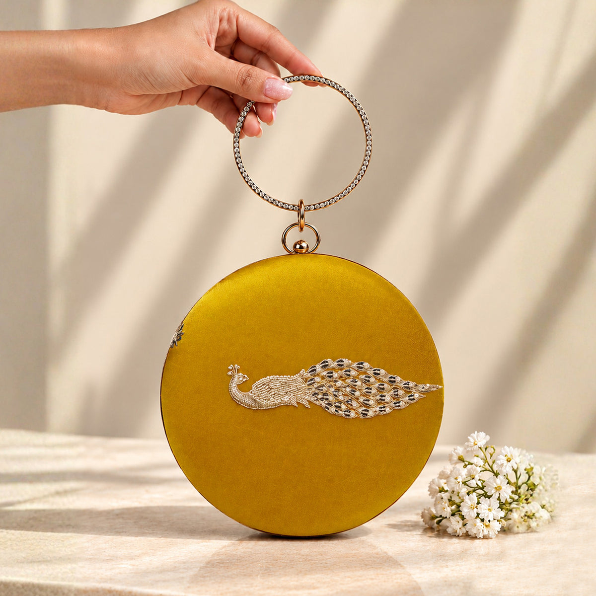 Artklim Luxury Mustard Yellow Embroidery Round Clutch Bag with Intricate Peacock Design