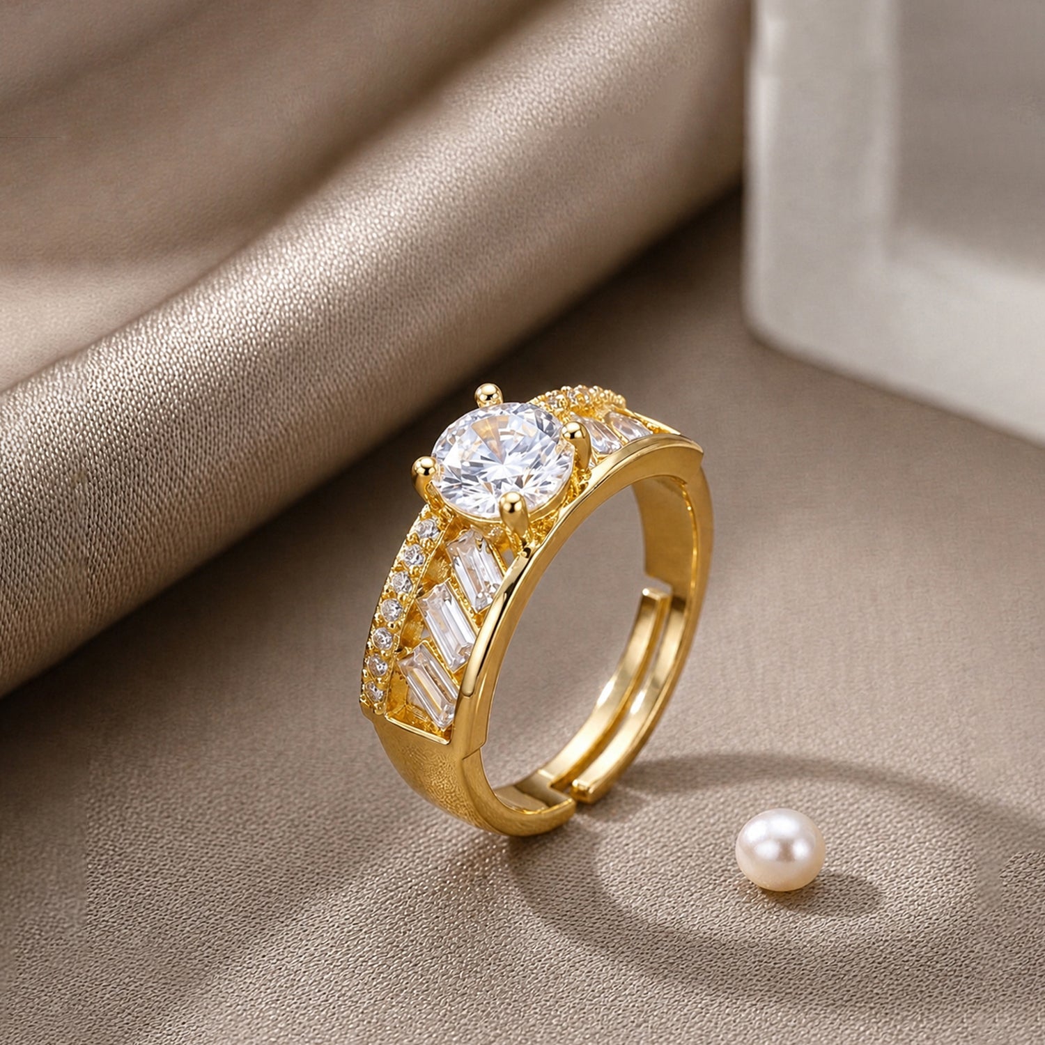 Artklim Premium Solitaire Baguette Accent Anti-Tarnish Ring
