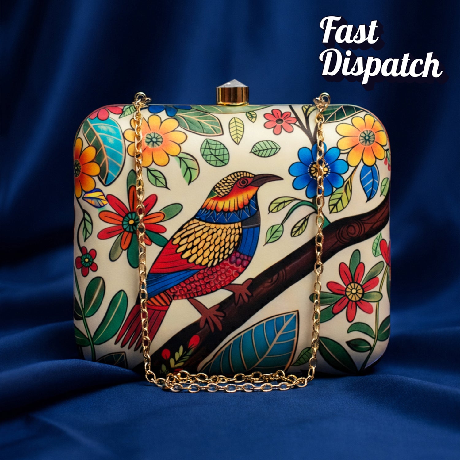 Beige Flower And Bird Printed Clutch