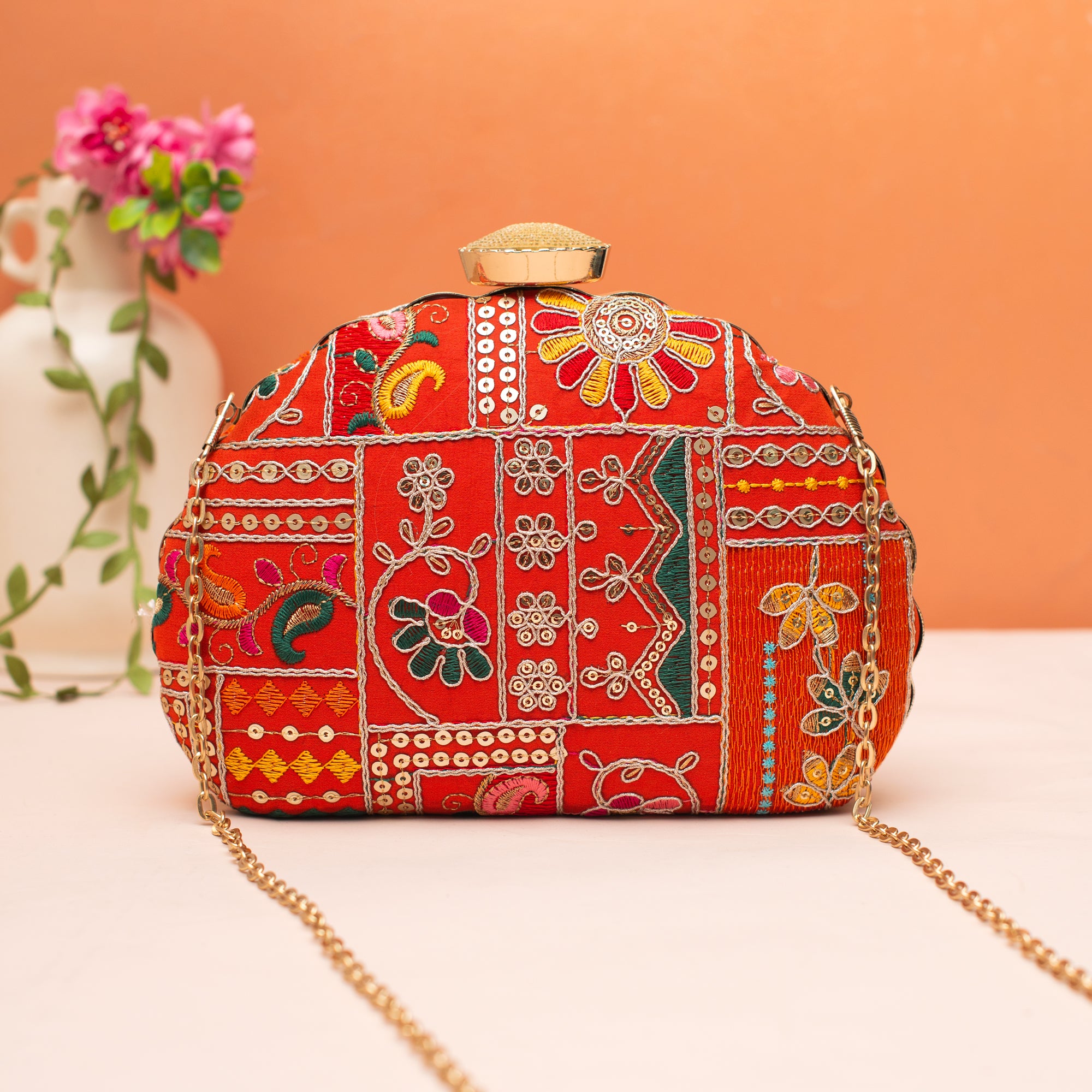 Artklim Red Sequins Embroidery D- Shape  Clutch