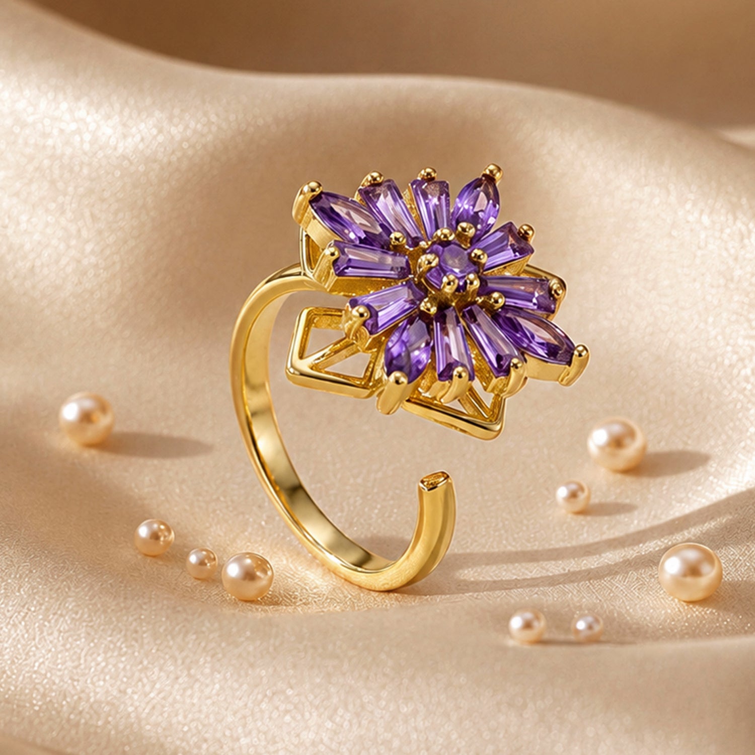 Artklim Lavender Bloom Revolving Flower Crystal Adjustable Anti-Tarnish Copper Ring