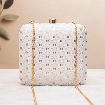 Artklim White Sequin Embroidery Clutch