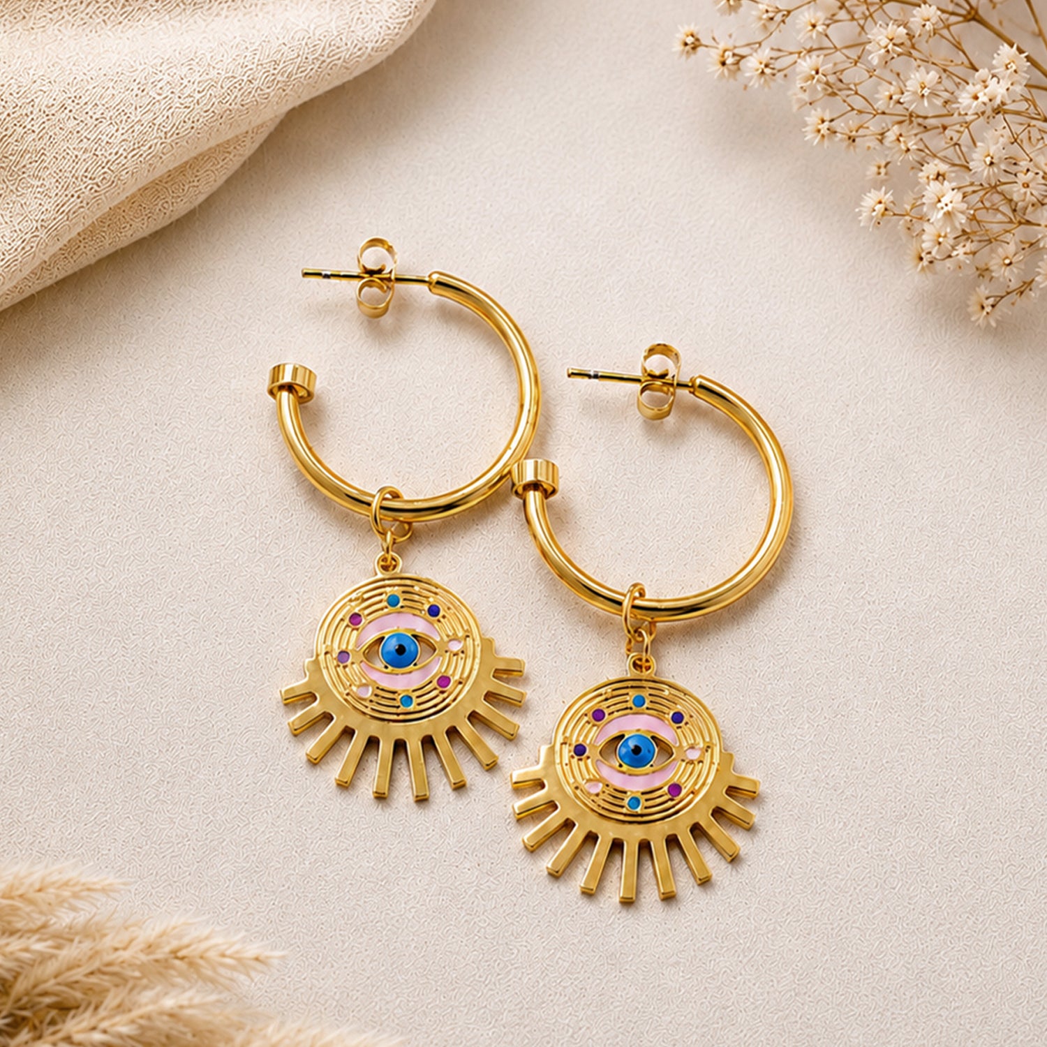 Artklim Colorful Evil Eye Sun Charm Hoop Anti-Tarnish Earring