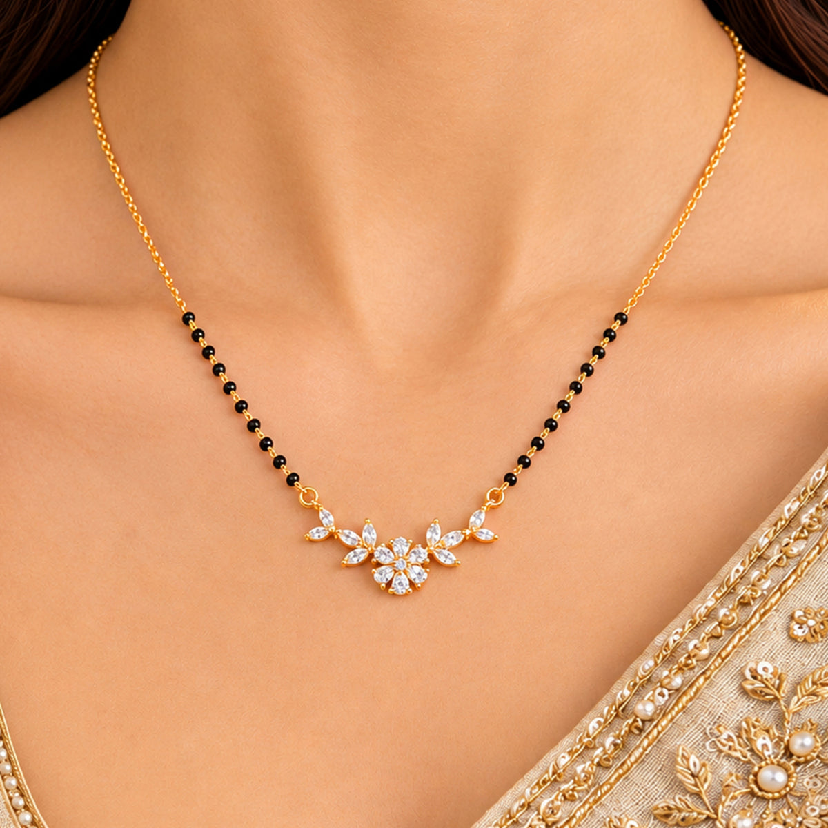 Artklim Elegant Floral Vine Design CZ Stone Gold-Plated Mangalsutra with Black Beads