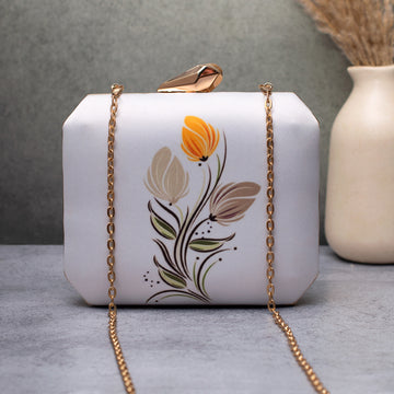 Artklim Minimal Floral White Printed Clutch