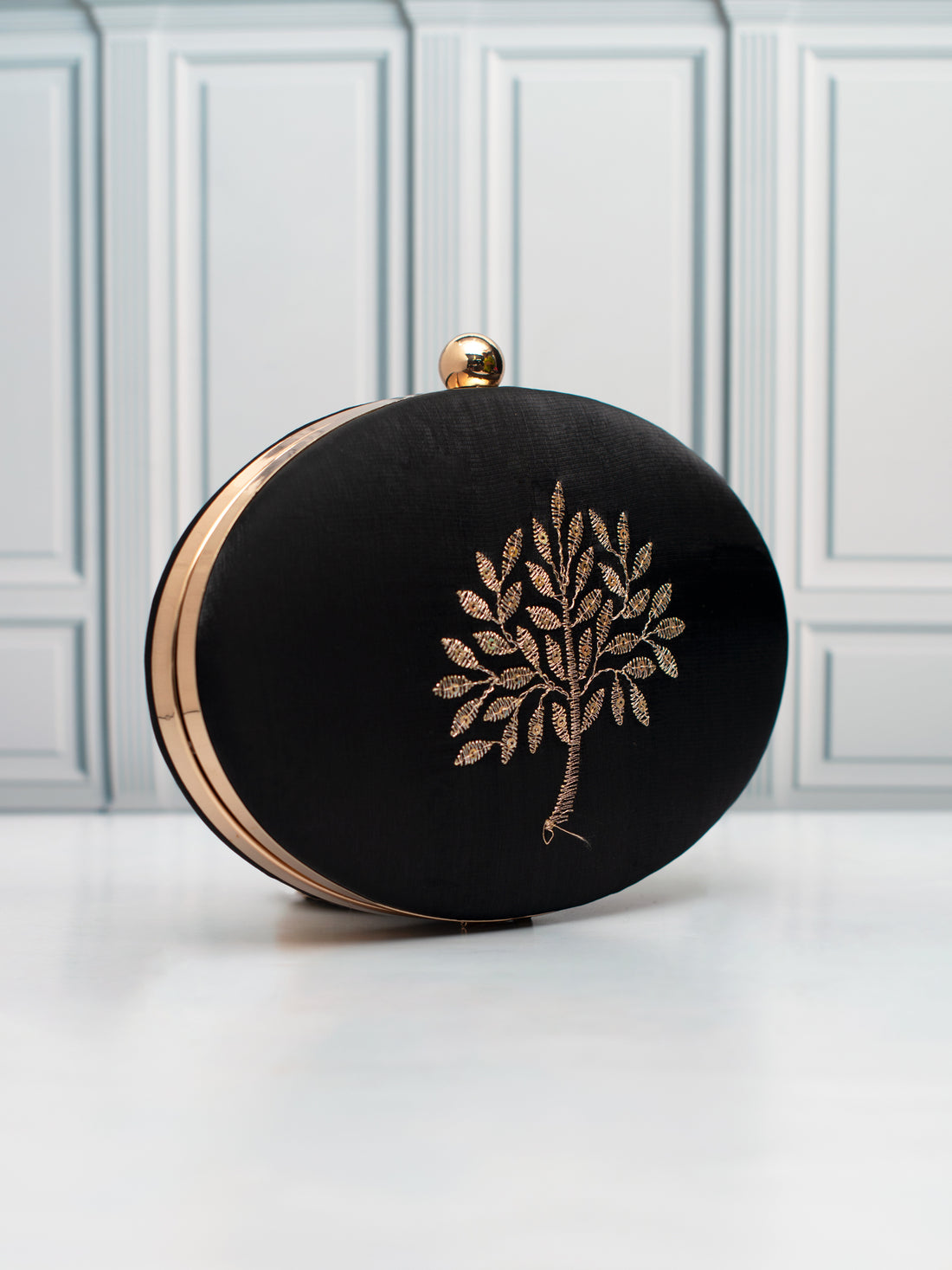 Artklim Black Oval Tree Embroidered Clutch