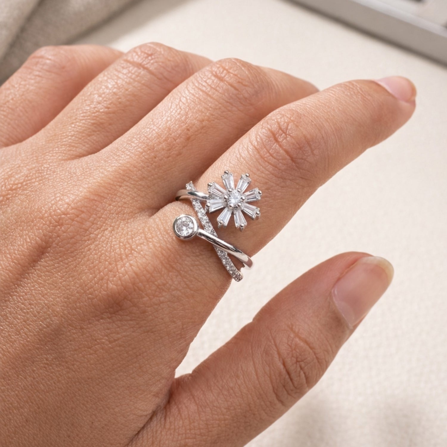 Artklim Sliver- Tone Crystal Flower Anti-Tarnish Ring