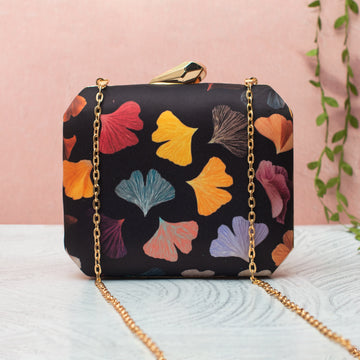 Artklim Colourful Leaf Pattern on Black Printed Clutch
