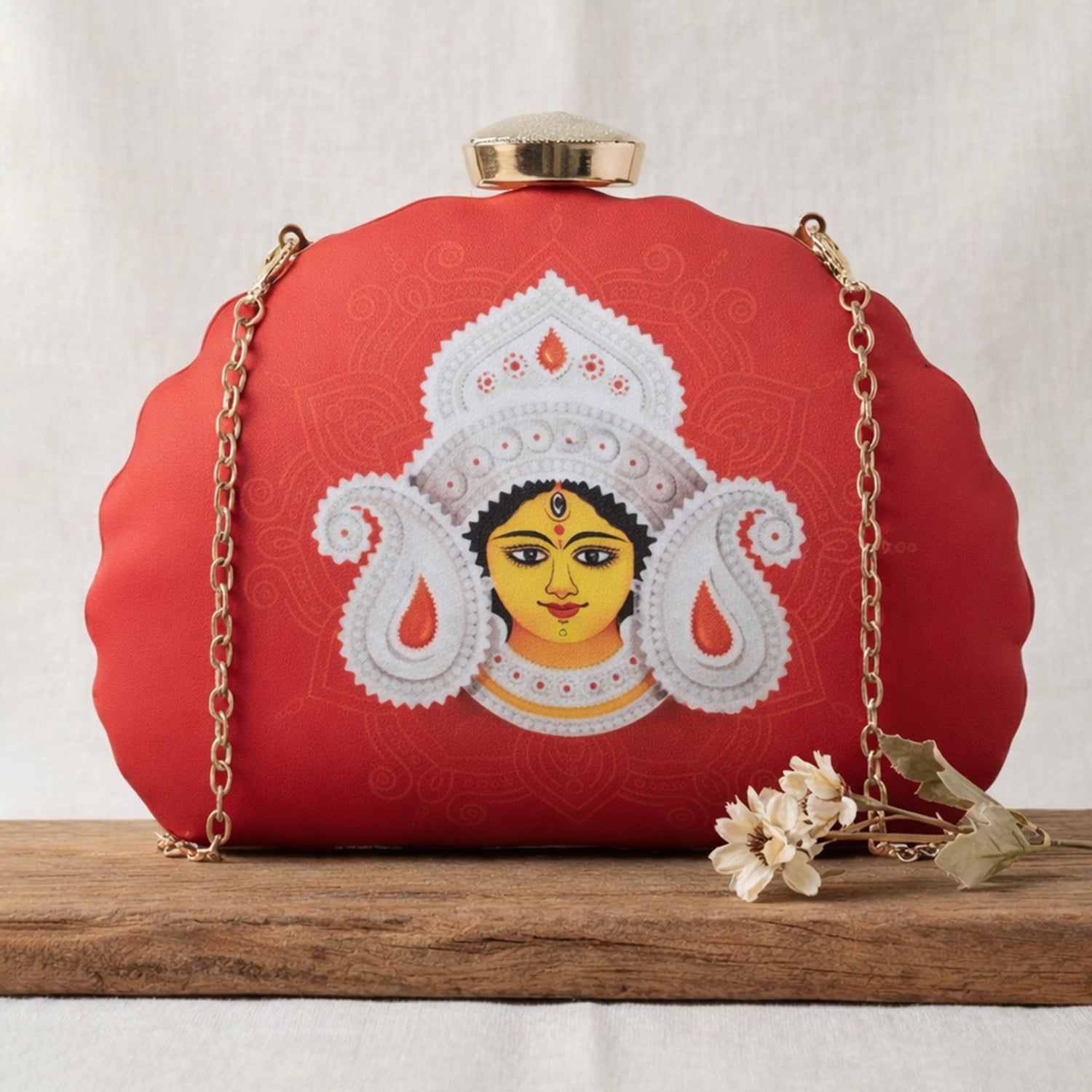 Artklim Red Durga Face Printed D-Shape  Clutch