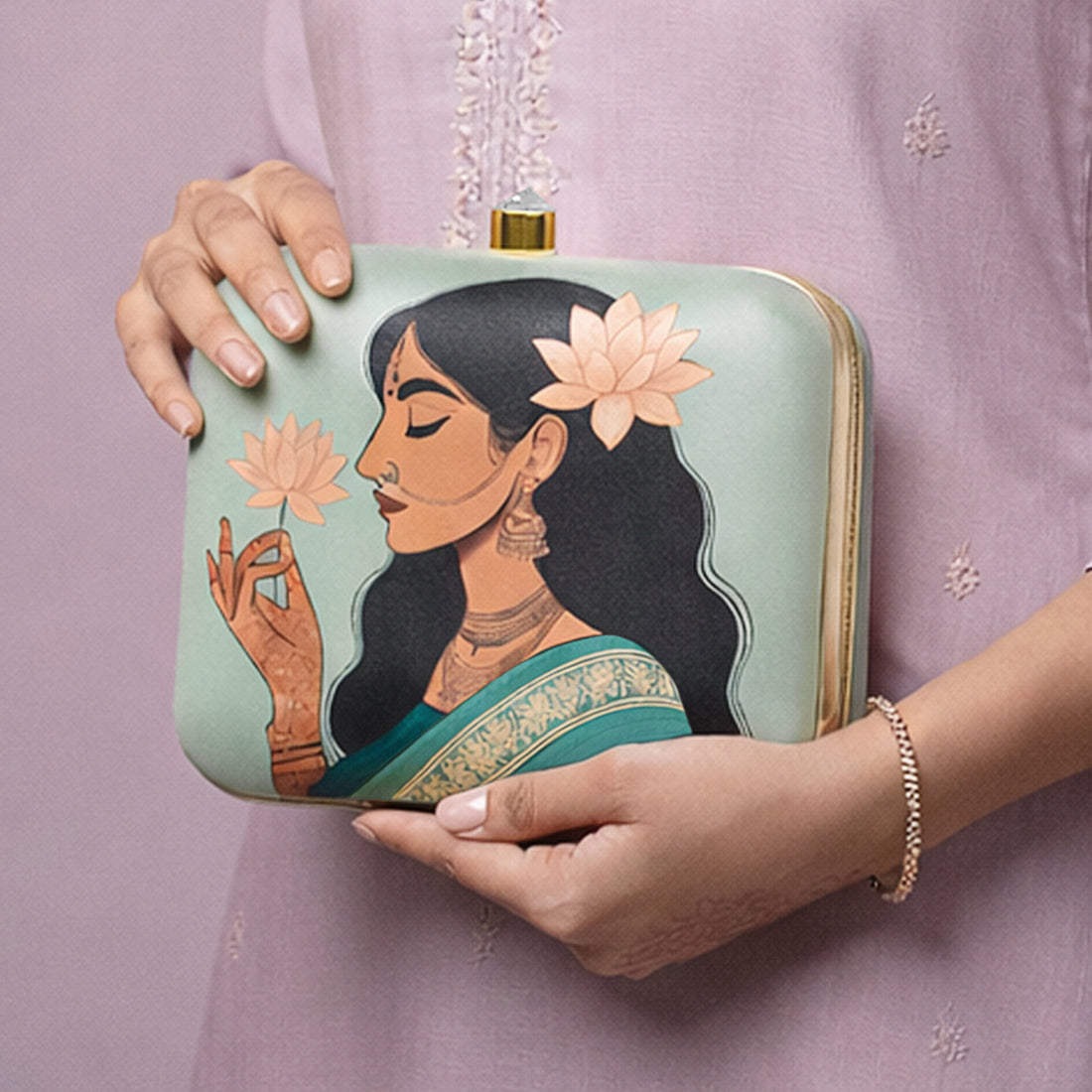 Artklim Pastel Green Based Lotus Lady Printed Clutch