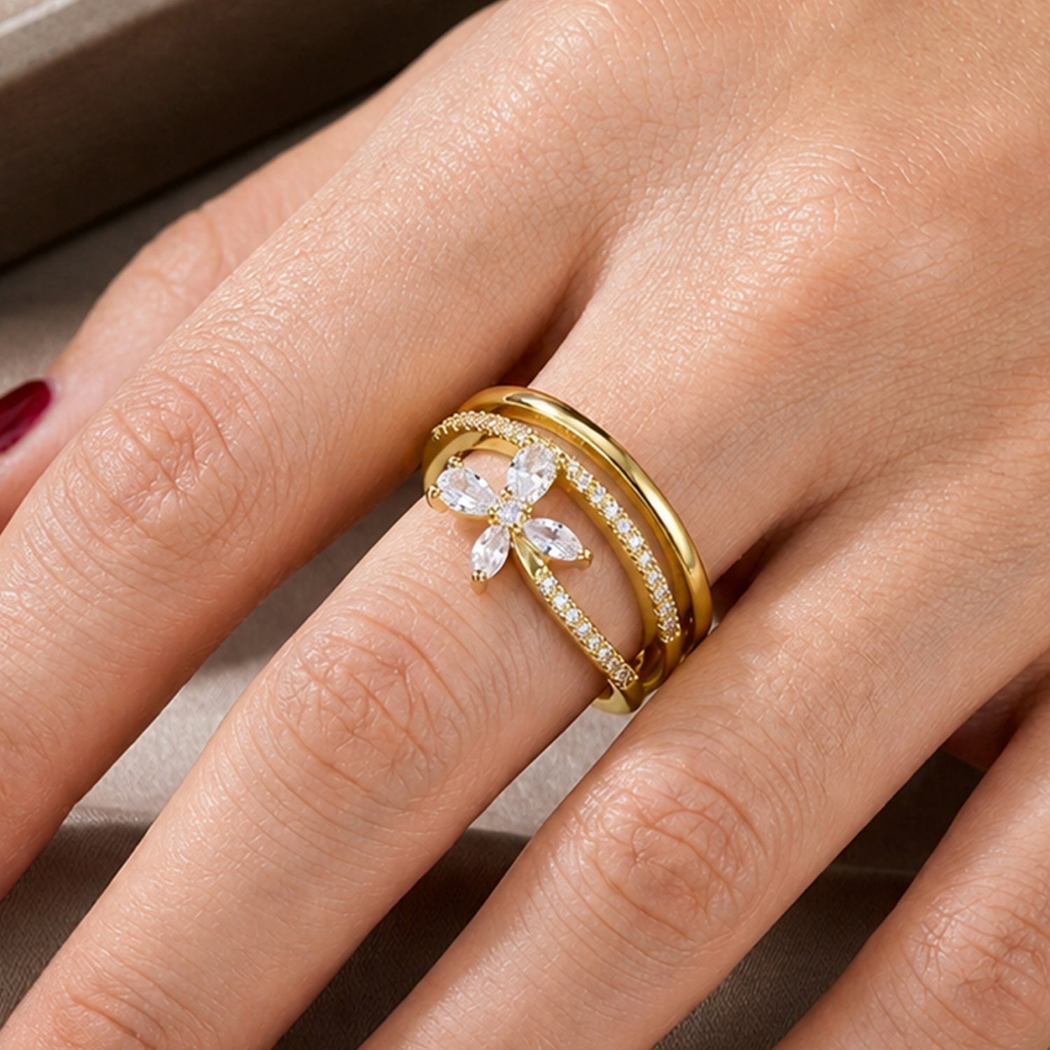Artklim Butterfly Adjustable Gold-Plated Crystal Anti-Tarnish Ring