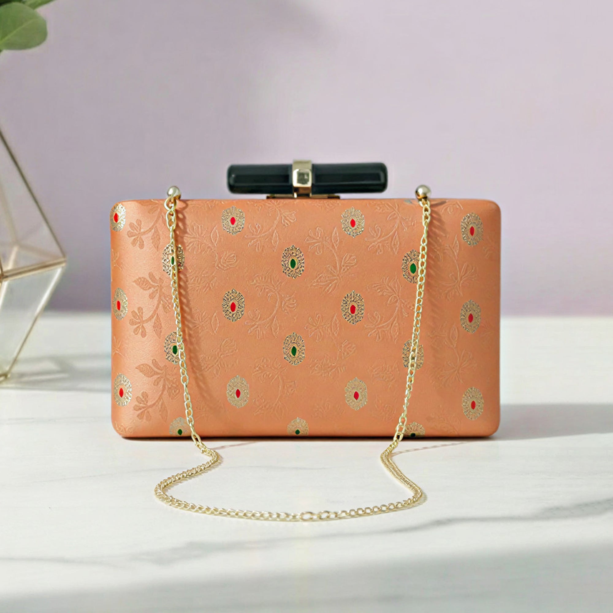 Artklim Peach Floral Ethnic Embroidered Clutch
