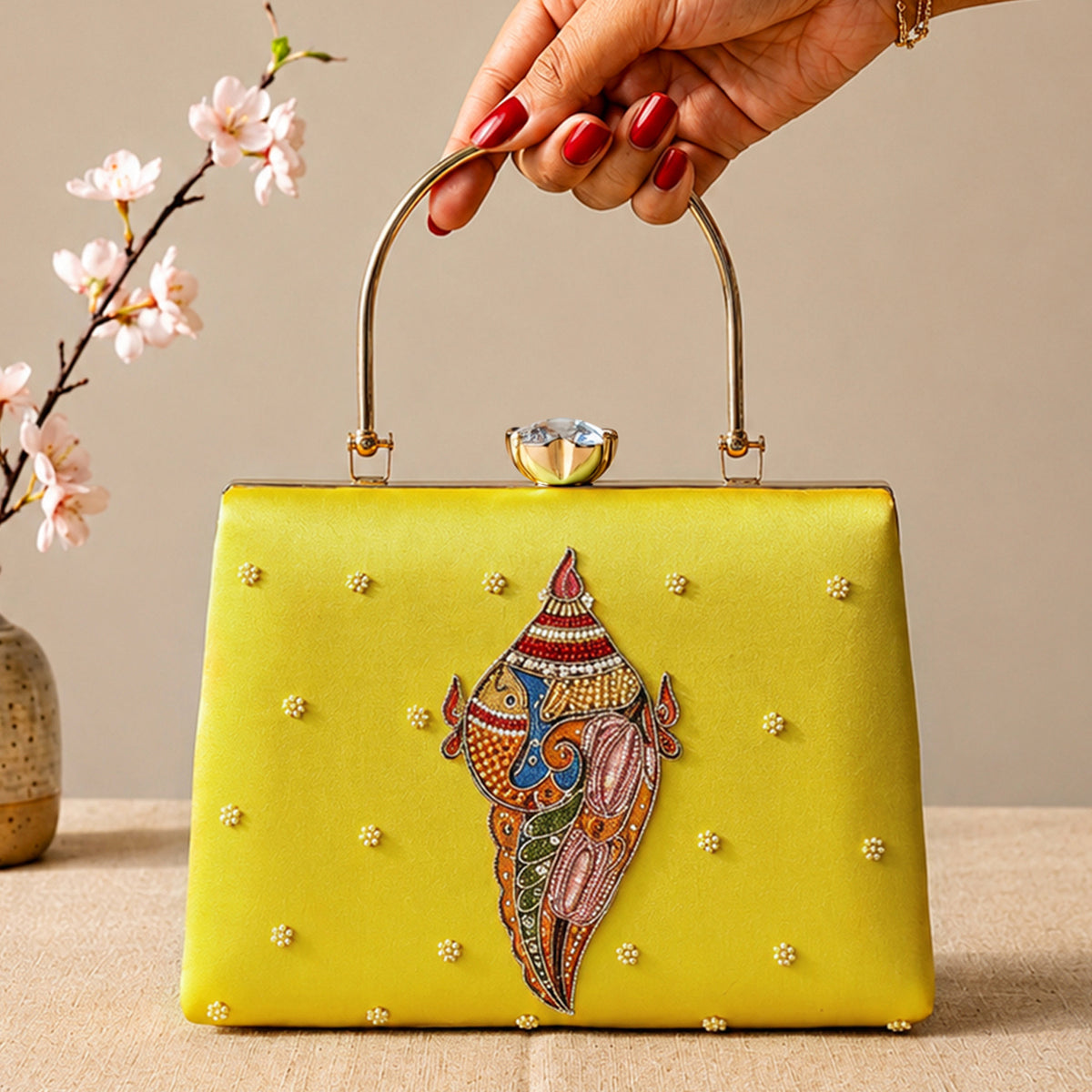 Artklim Printed Heritage Conch Shell Clutch with Hand Embroidery