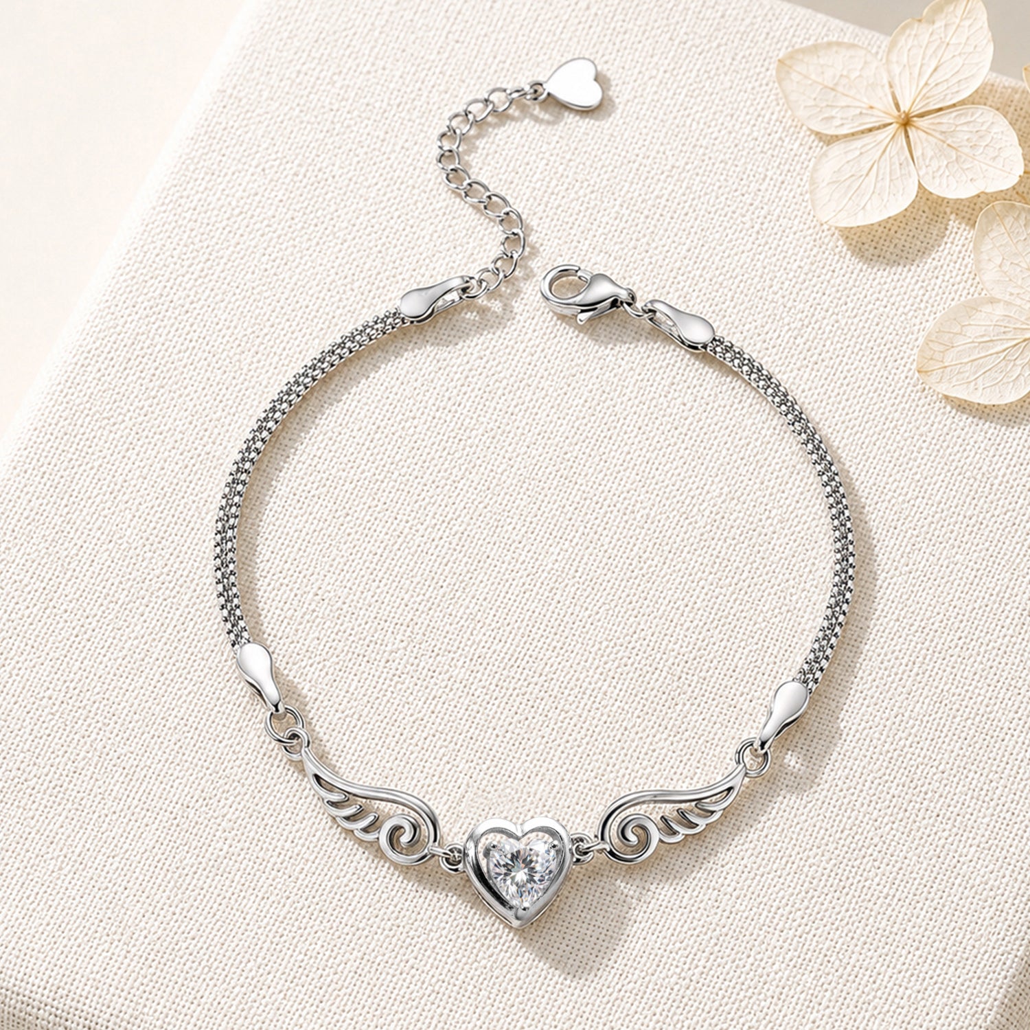 Artklim Silver-Tone Angel Wing Heart Crystal  Anti-Tarnish Bracelet