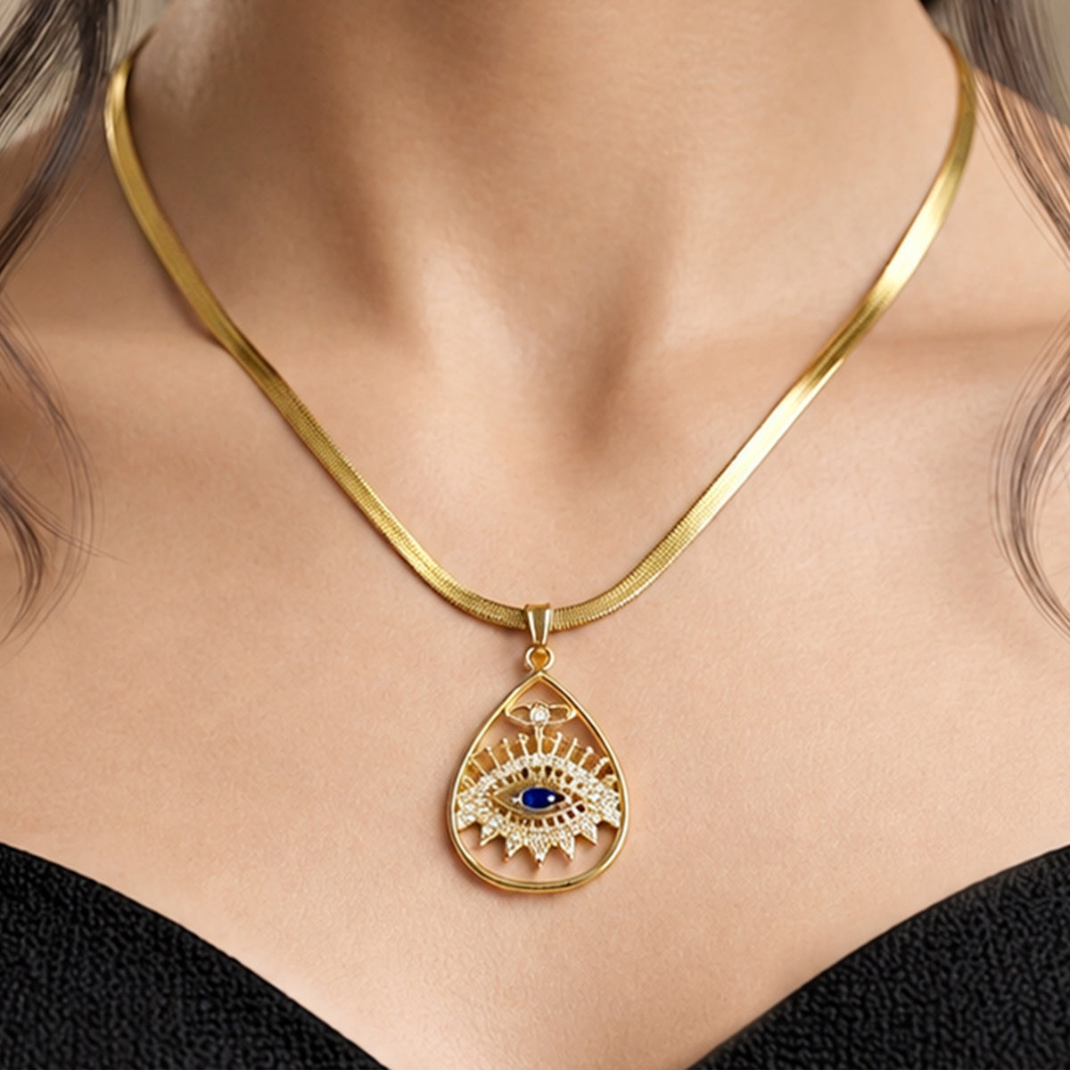 Artklim Elegant Blue Evil Eye Teardrop Crystal Anti-Tarnish Pendant Necklace