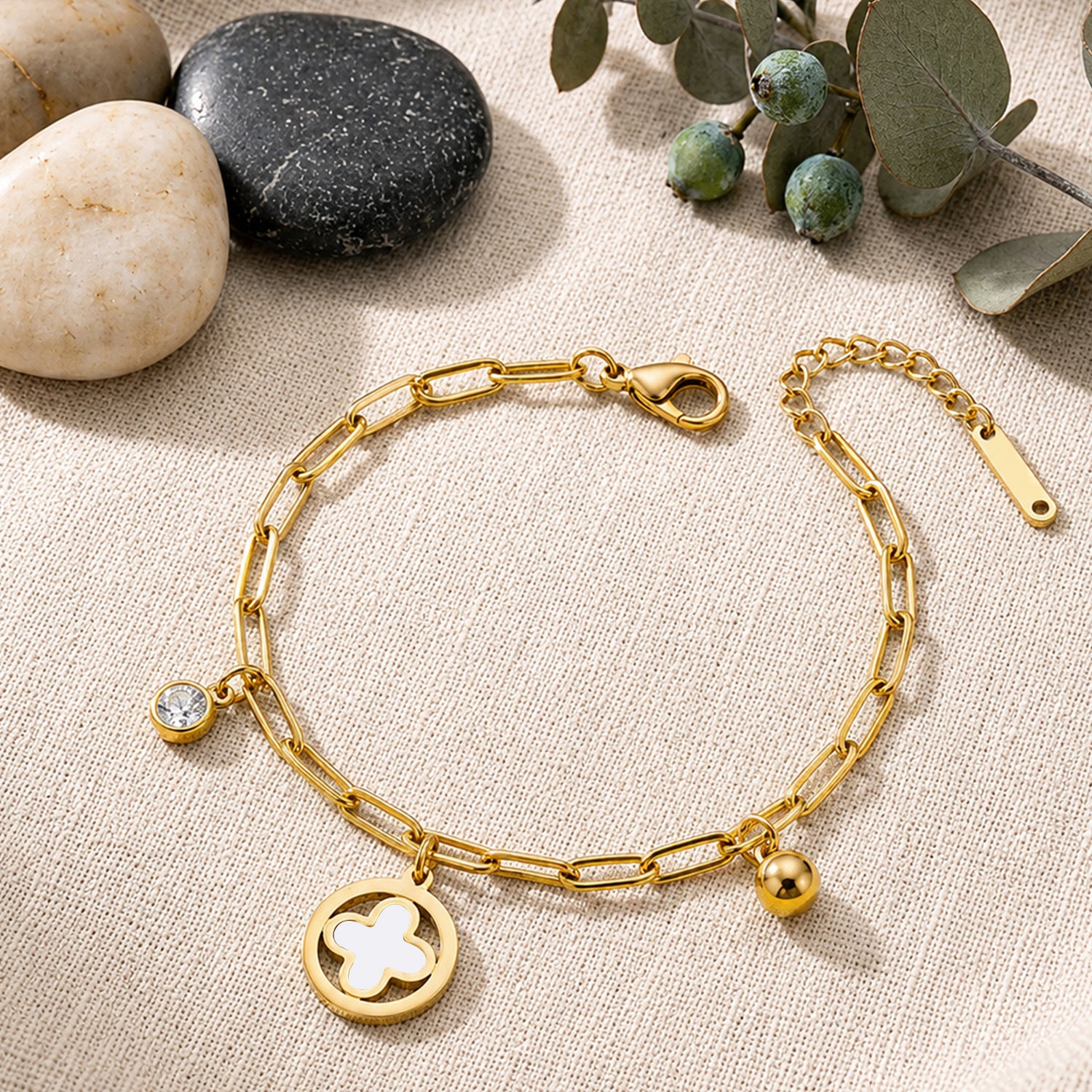 Artklim White Clover Crystal Drop Chain Anti-Tarnish Bracelet