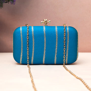 Artklim Royal Turquoise Gold-Striped Embroidered Clutch