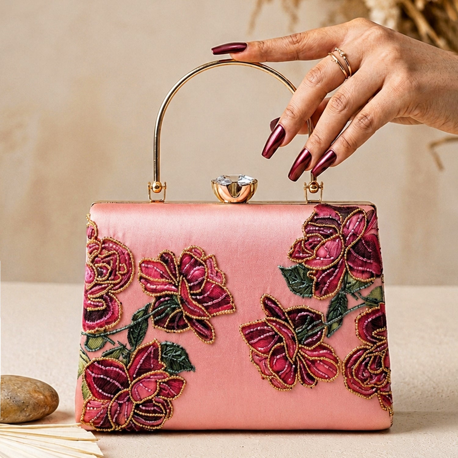Artklim Pink Rose Embroidered Designer Clutch Bag
