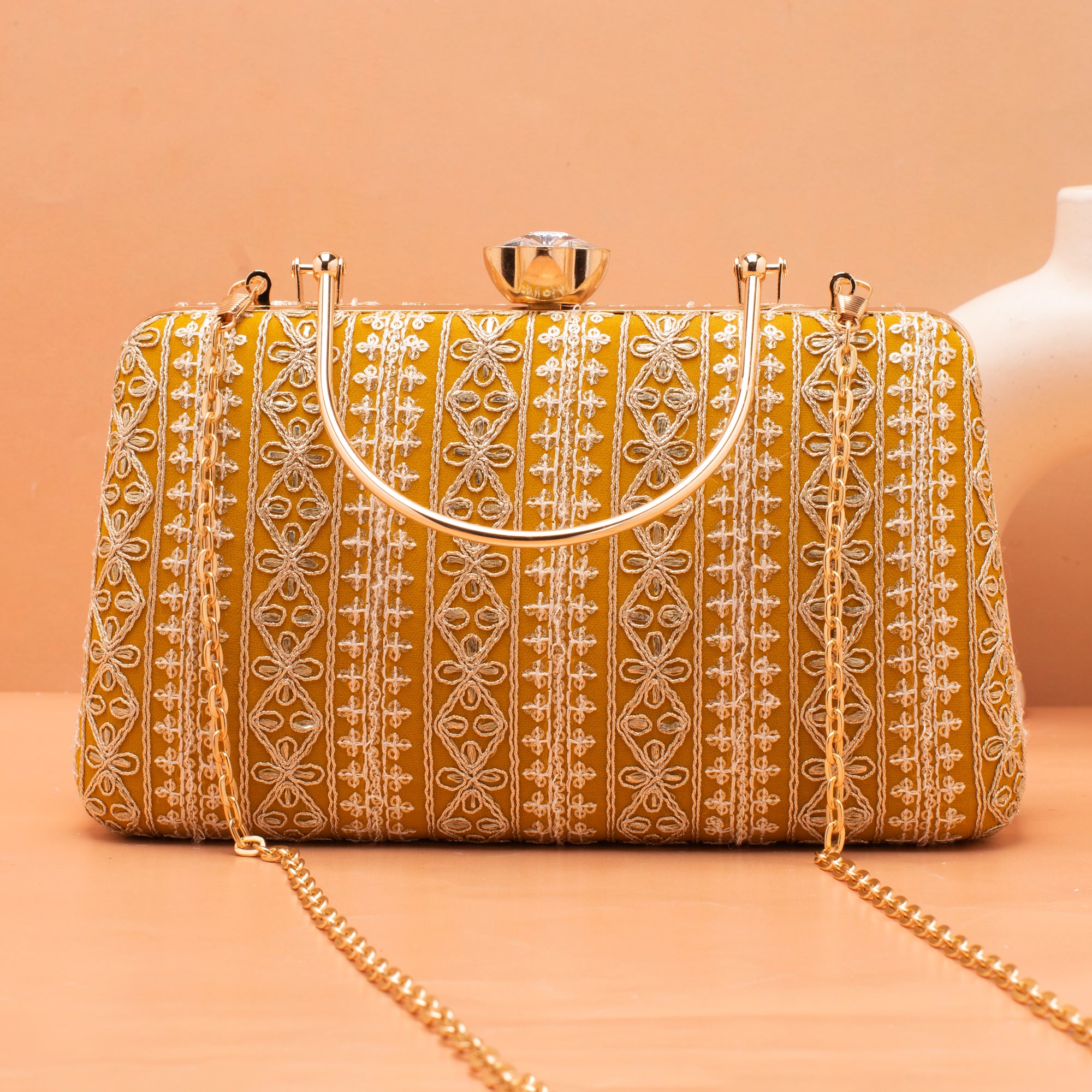 Artklim Mustard Yellow Based White And Golden Threadwork Embroidery Clutch