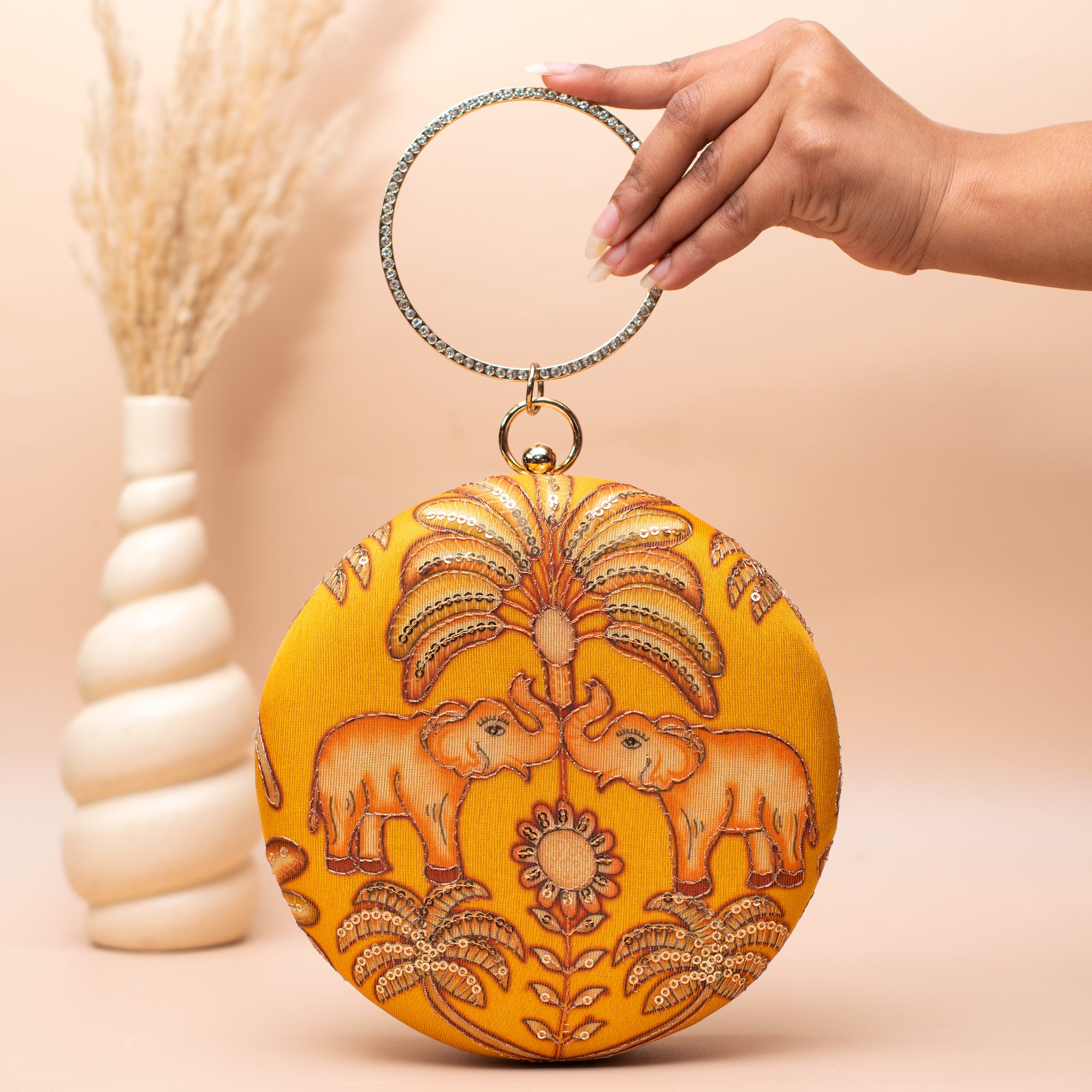 Artklim Yellow Elephant Embroidered Round Clutch