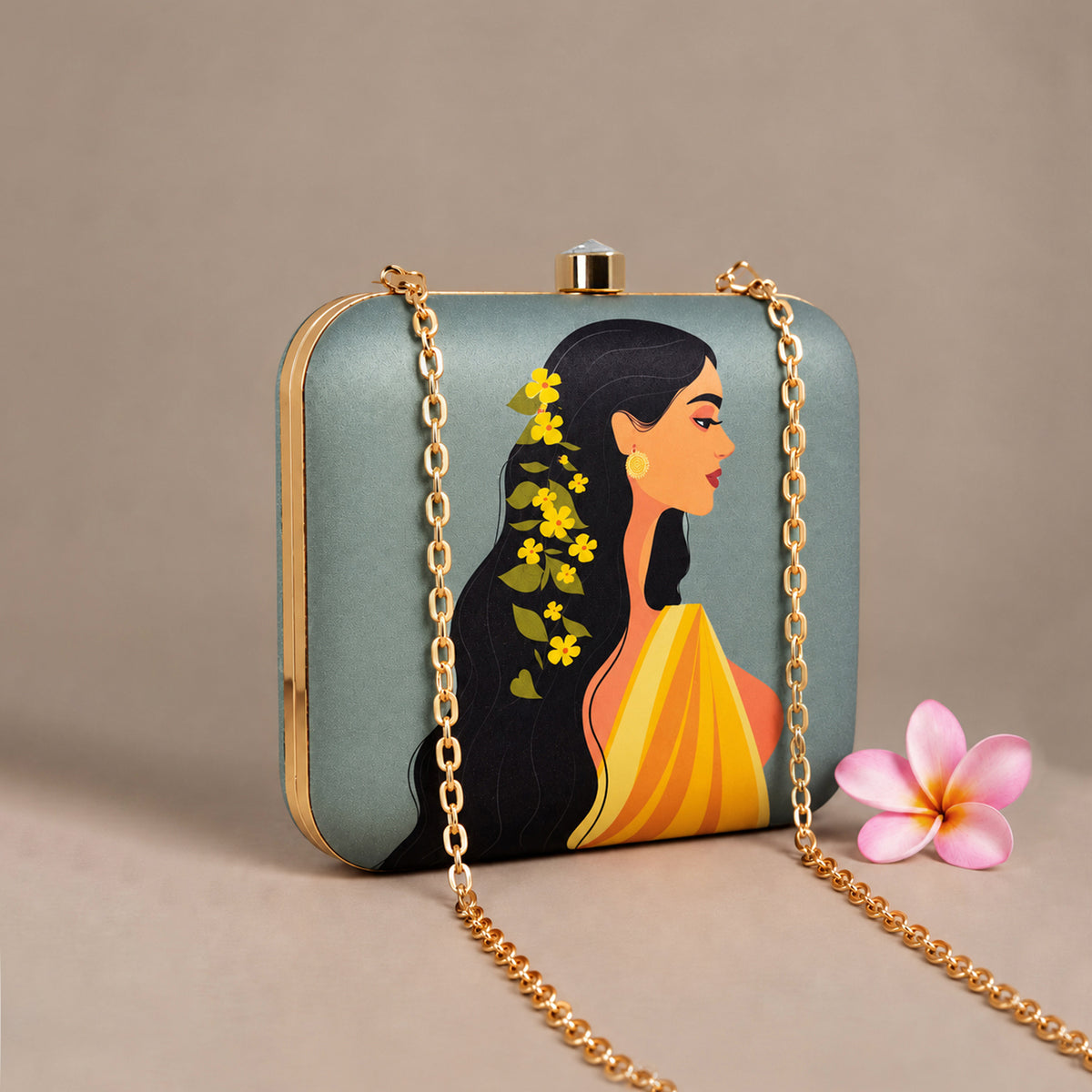 Artklim Elegant Woman in Yellow Saree Floral Printed Clutch