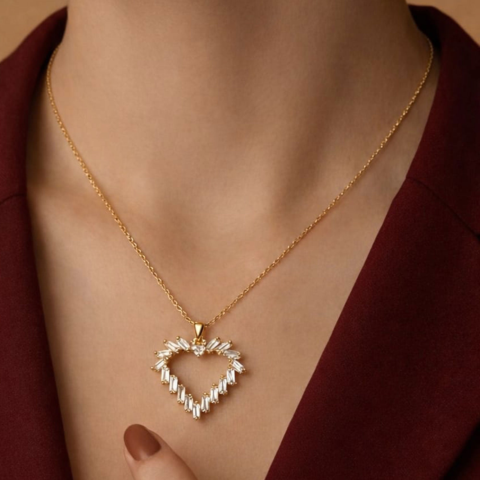 Artklim Gold-Plated Sparkling Open Heart Crystal Anti-Tarnish Pendant Necklace