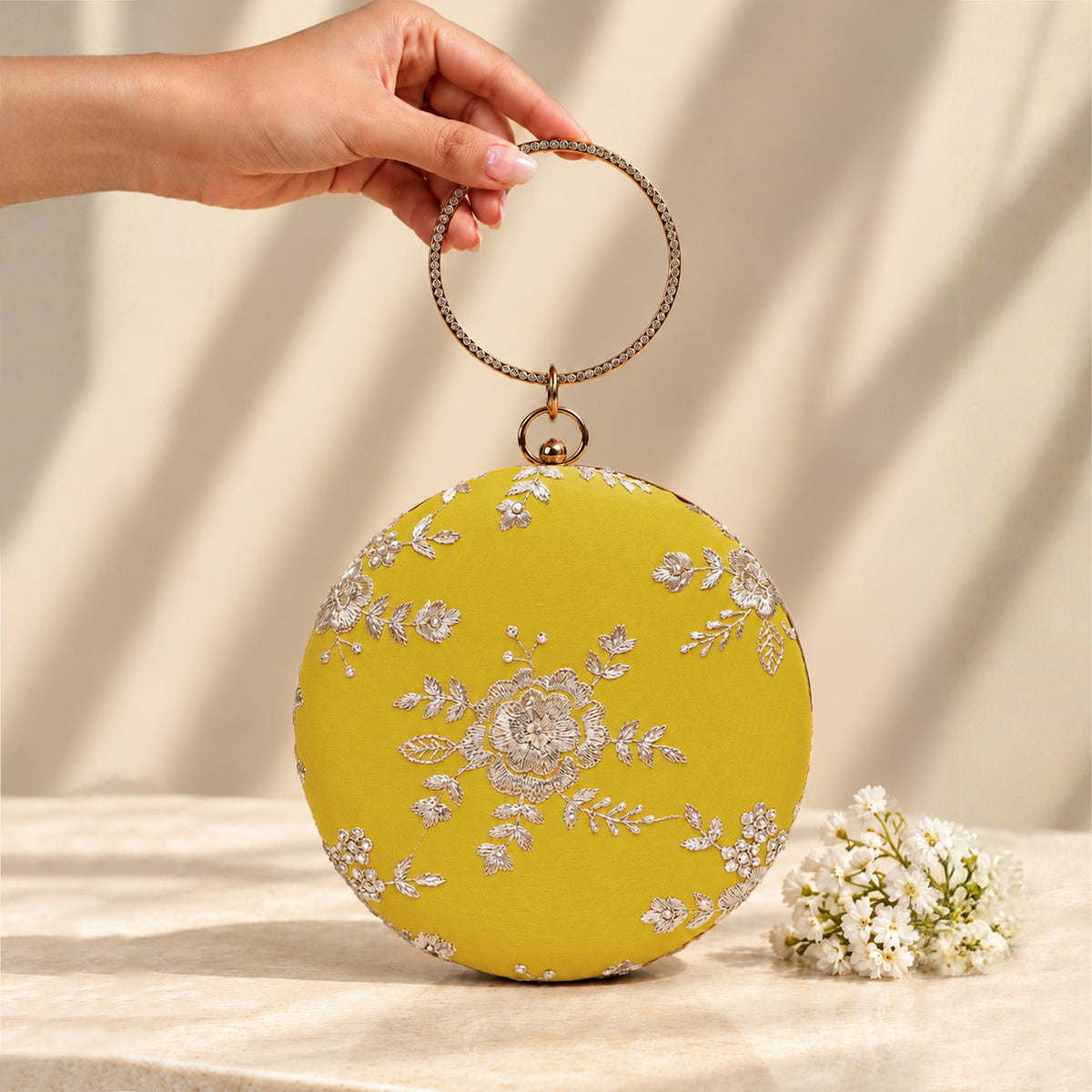 Artklim Elegant Mustard Yellow Floral Embroidered Round Clutch Bag with Golden Crystal Ring Handle
