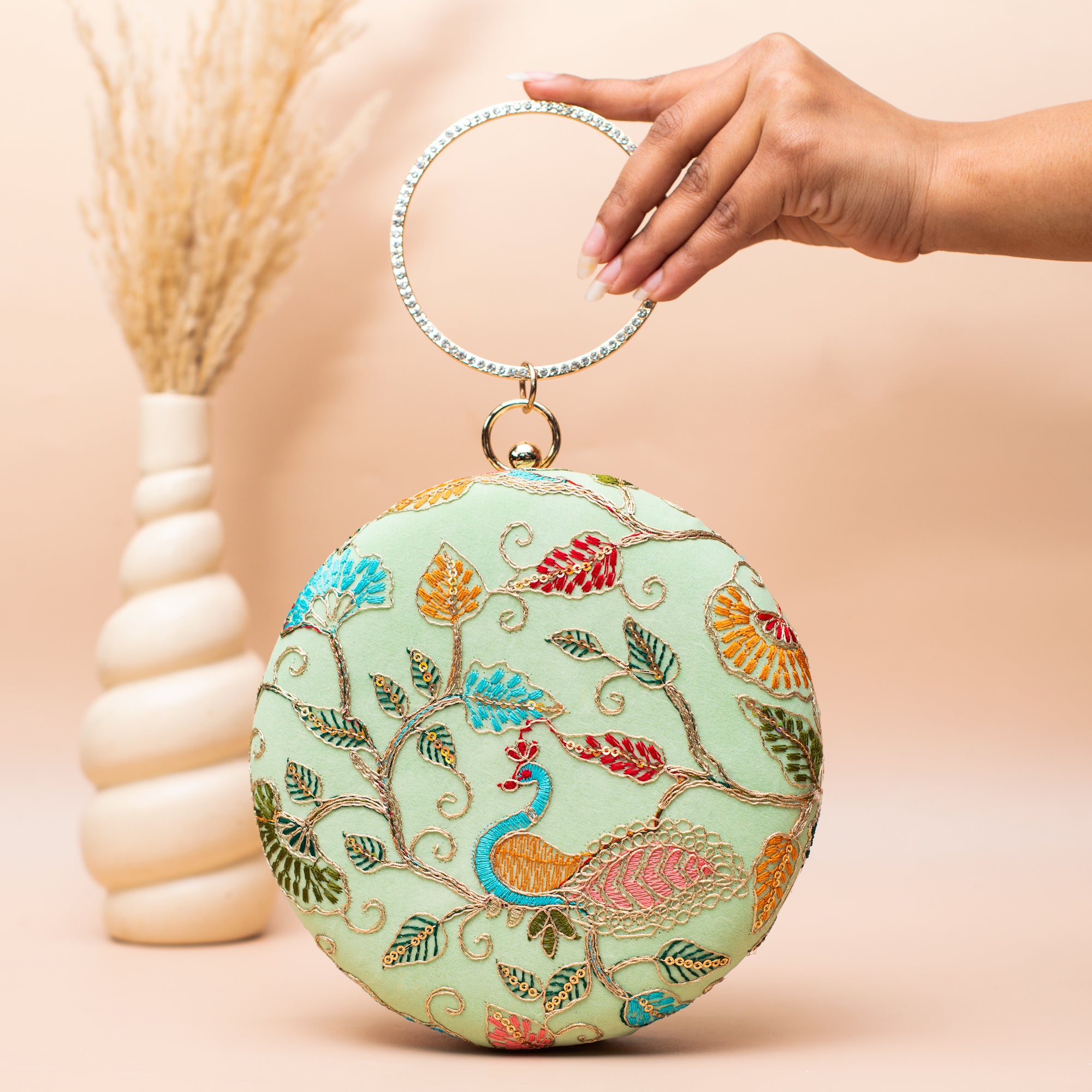 Artklim Mint Green Peacock Embroidered Clutch