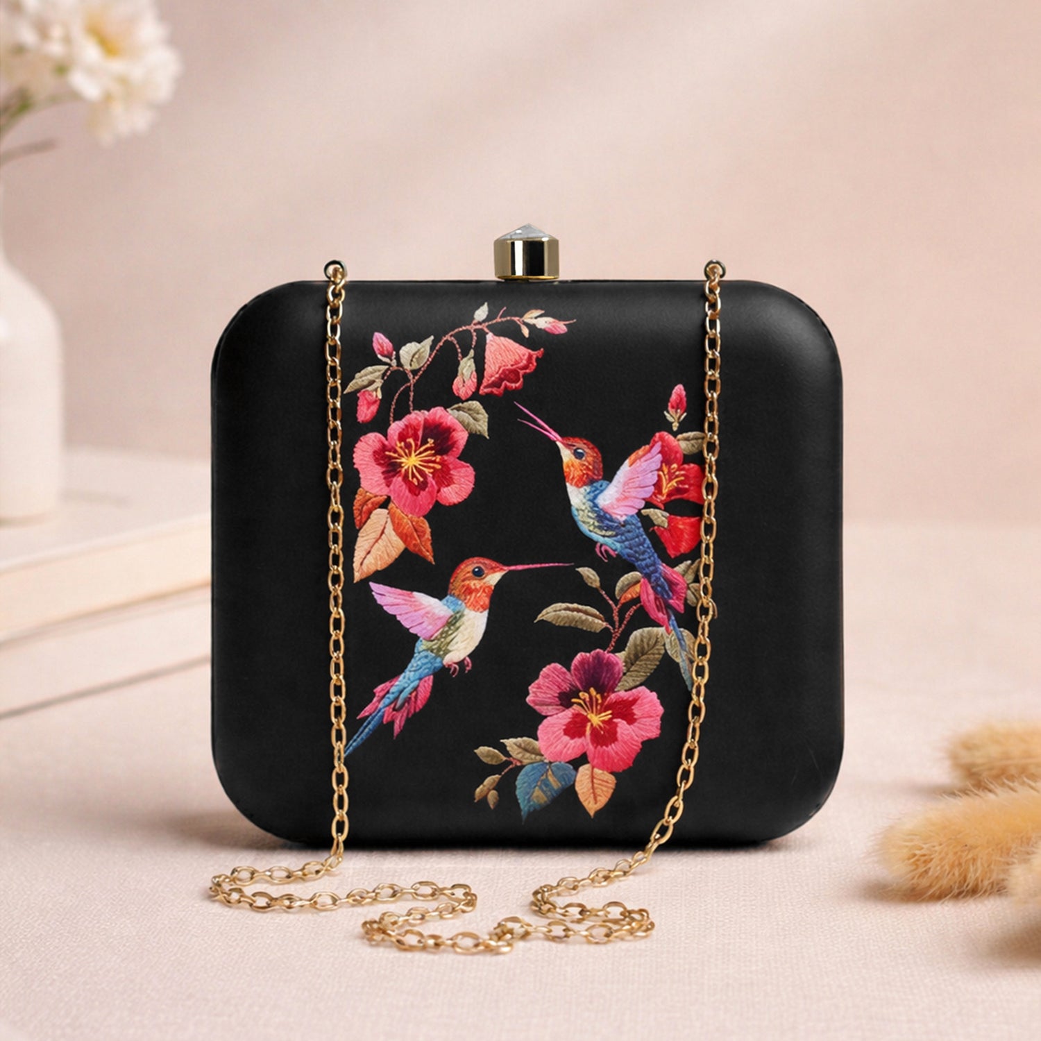 Artklim Black Based Bird And Flowers Printed Clutch