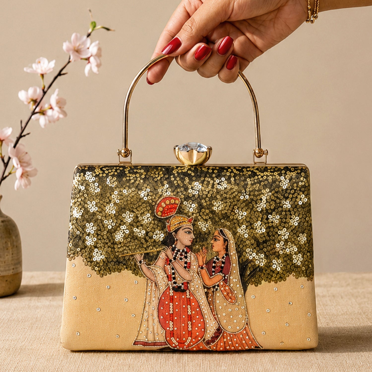 Artklim Printed Radha Krishna Divine Art Clutch with Hand Embroidery