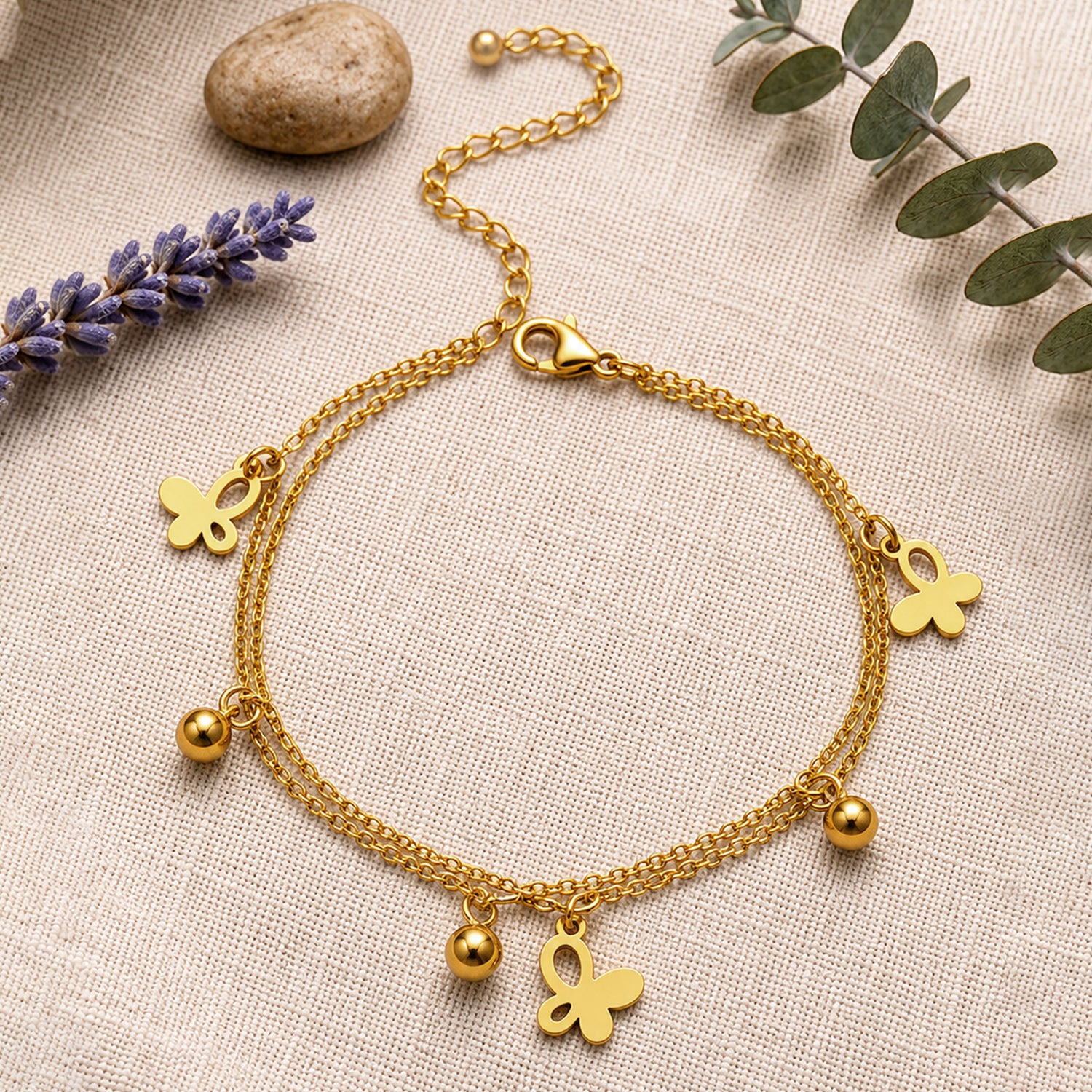 Artklim Butterfly Charm Double Chain Gold Anti-Tarnish Anklet