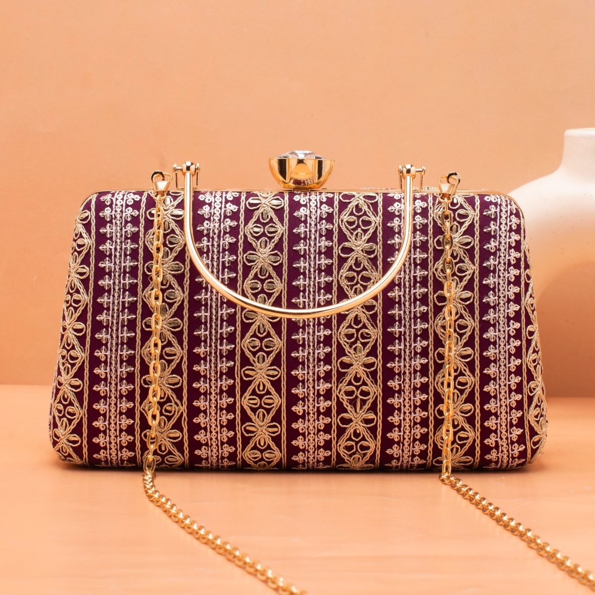 Artklim Wine Based White And Golden Threadwork Embroidery Clutch