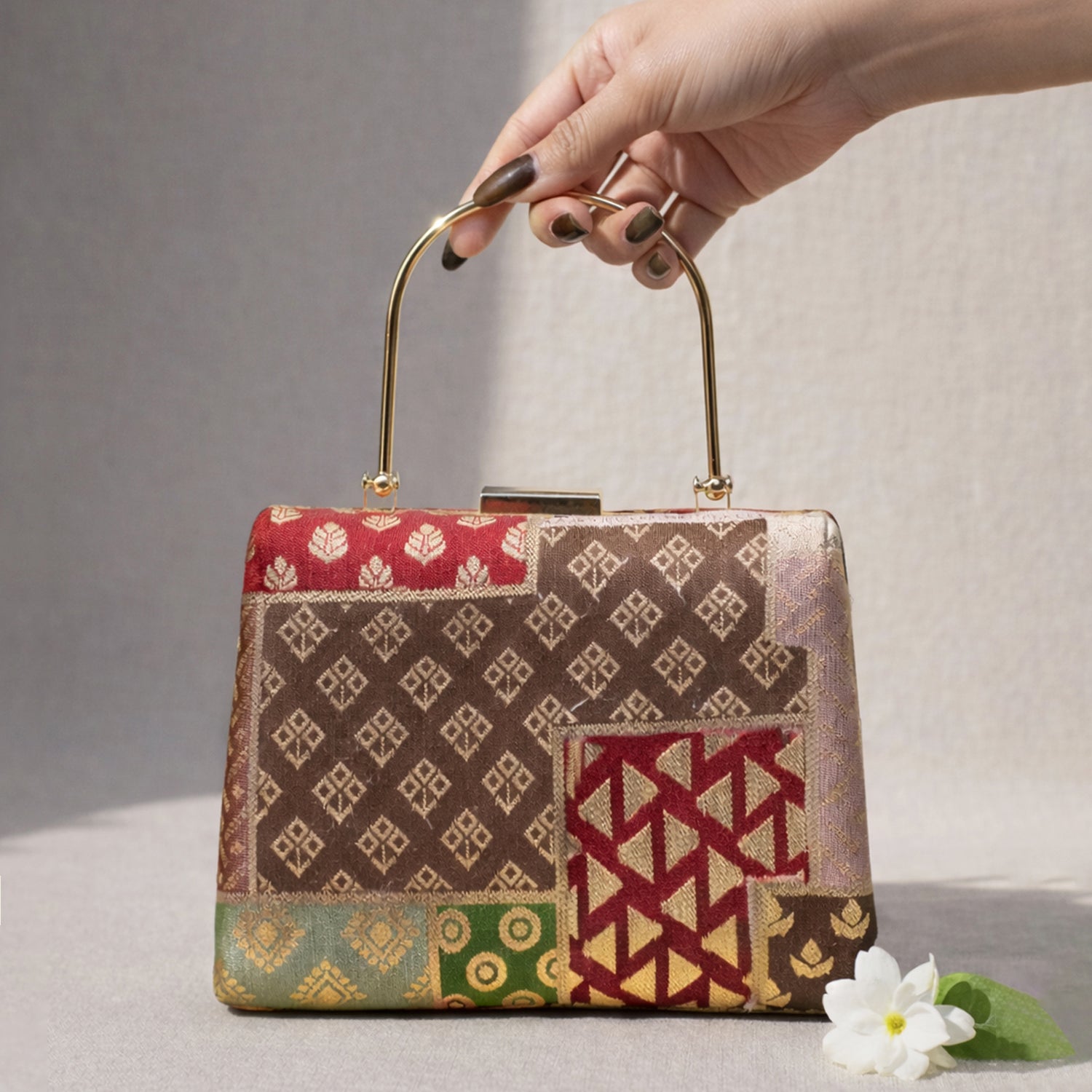 Brown Multipattern Brocade Fabric Clutch