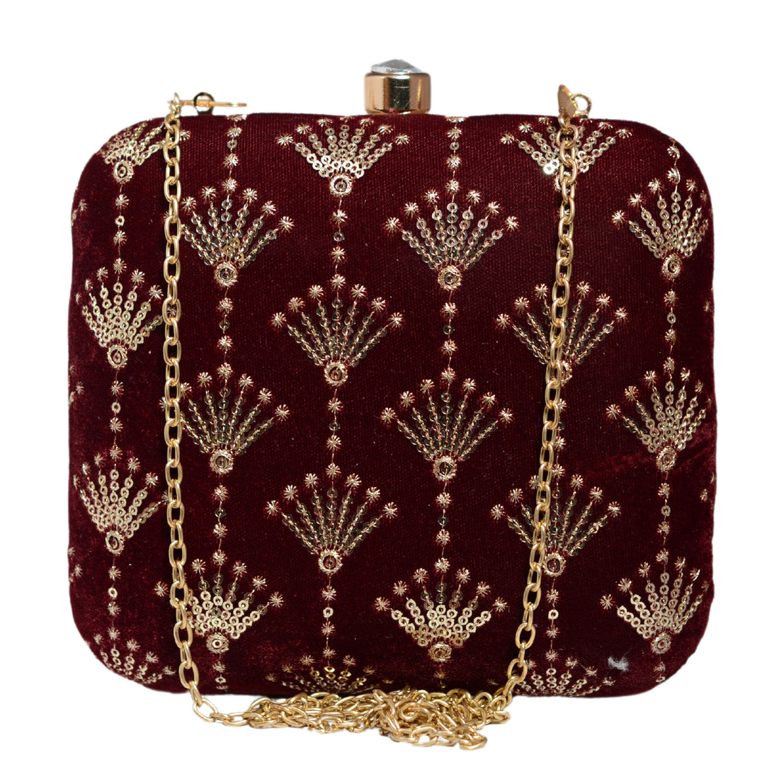 Maroon And Golden Sequins Embroidery Clutch