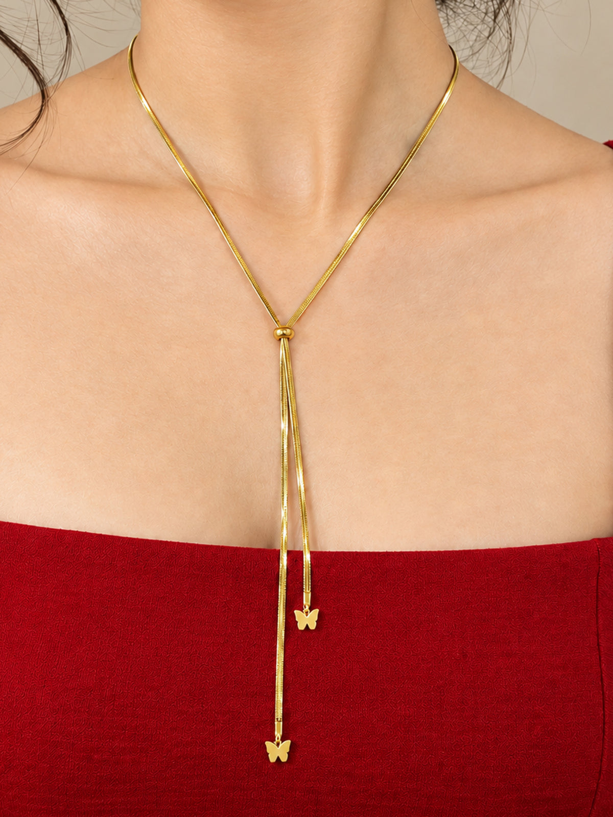 Artklim Golden Butterfly Double Drop Anti-Tarnish Pendant Necklace
