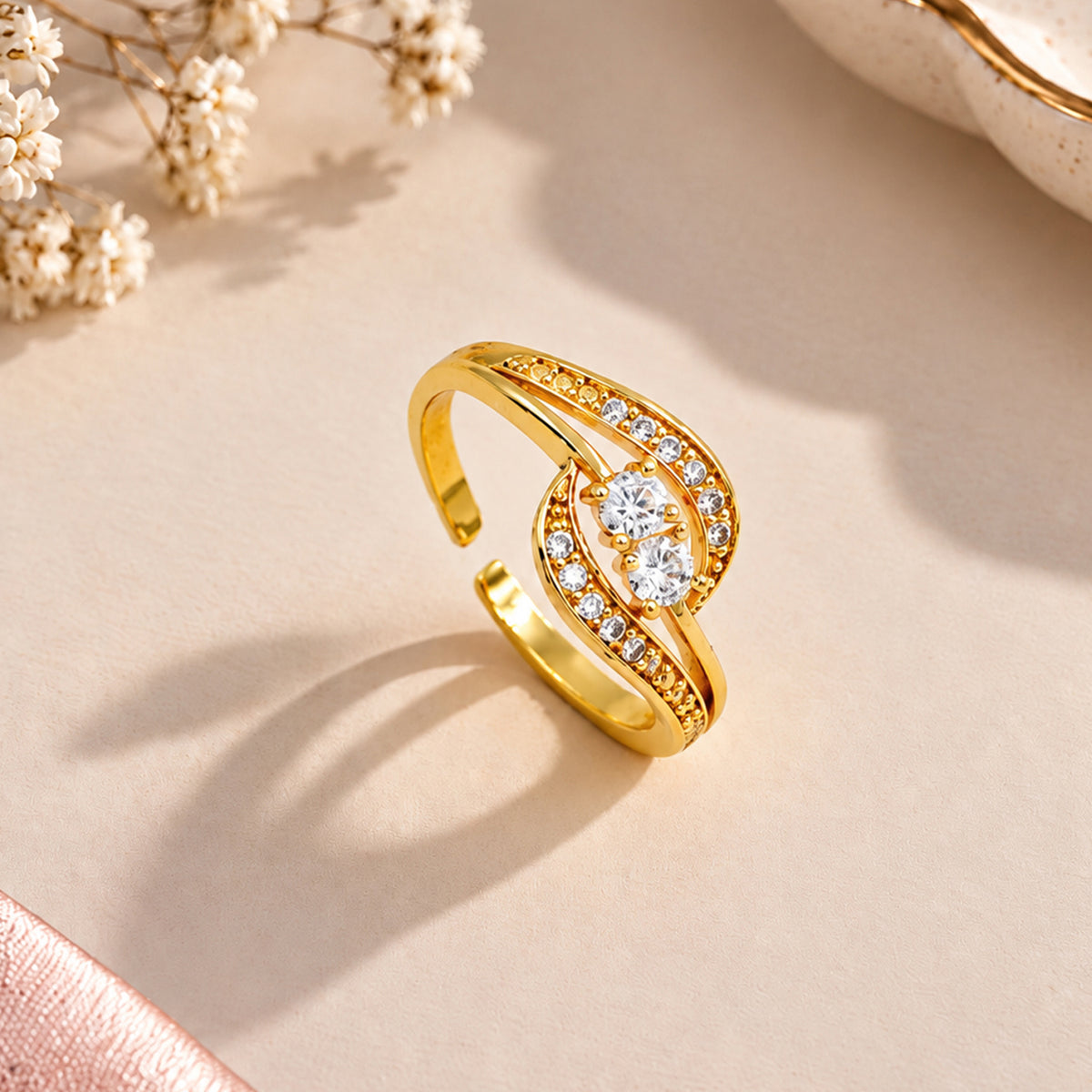 Artklim Elegant Double Crystal Gold-Tone Anti-Tarnish Ring