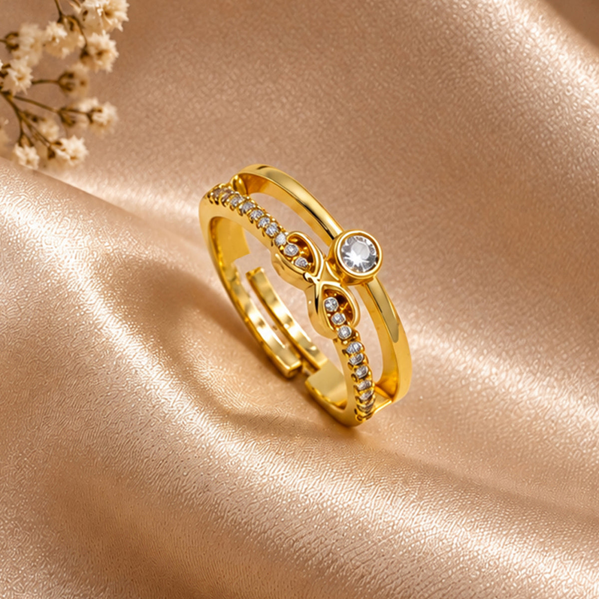 Artklim Elegant Double Band Crystal Gold-Tone Statement Anti-Tarnish Ring