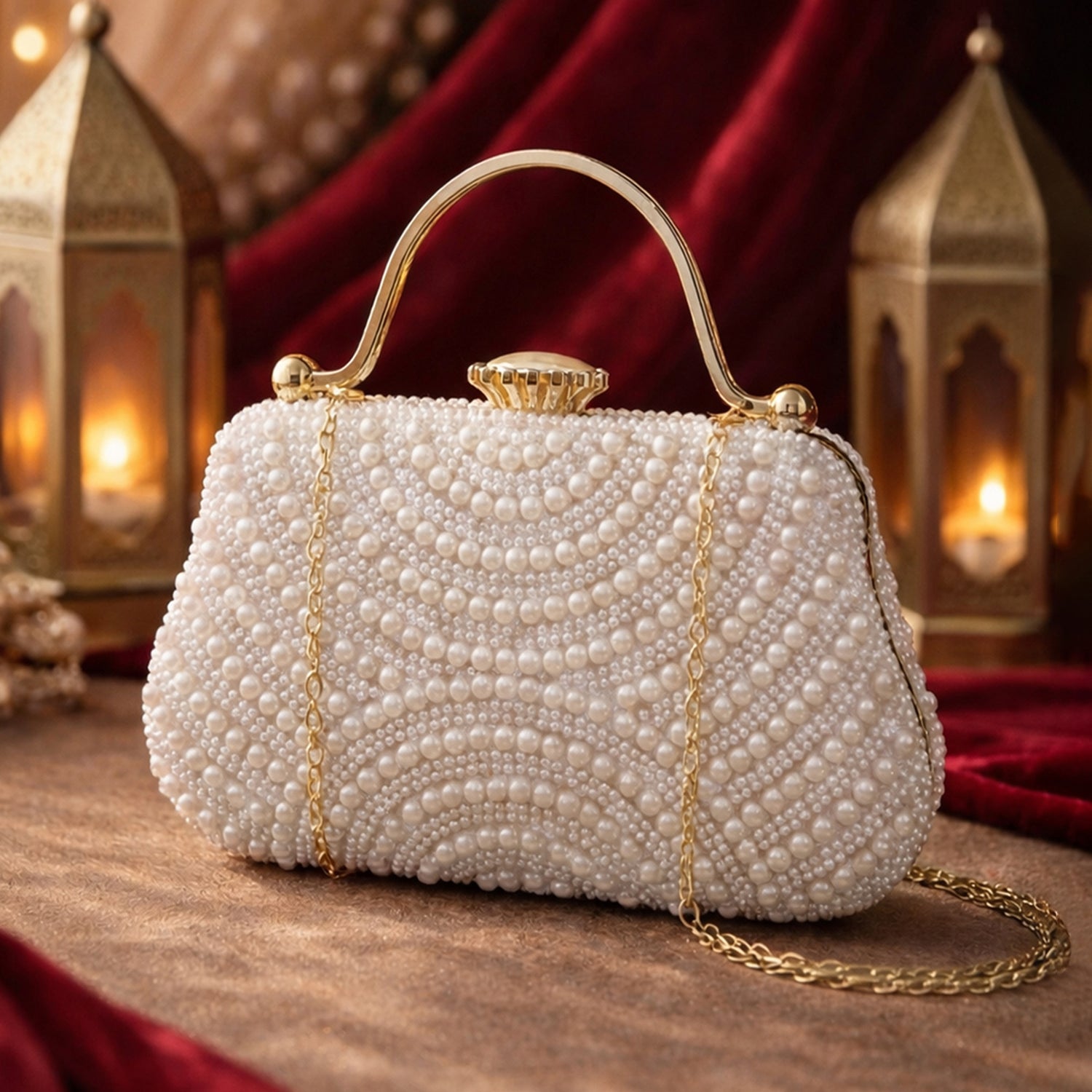 White Pearl Beaded Party Clutch