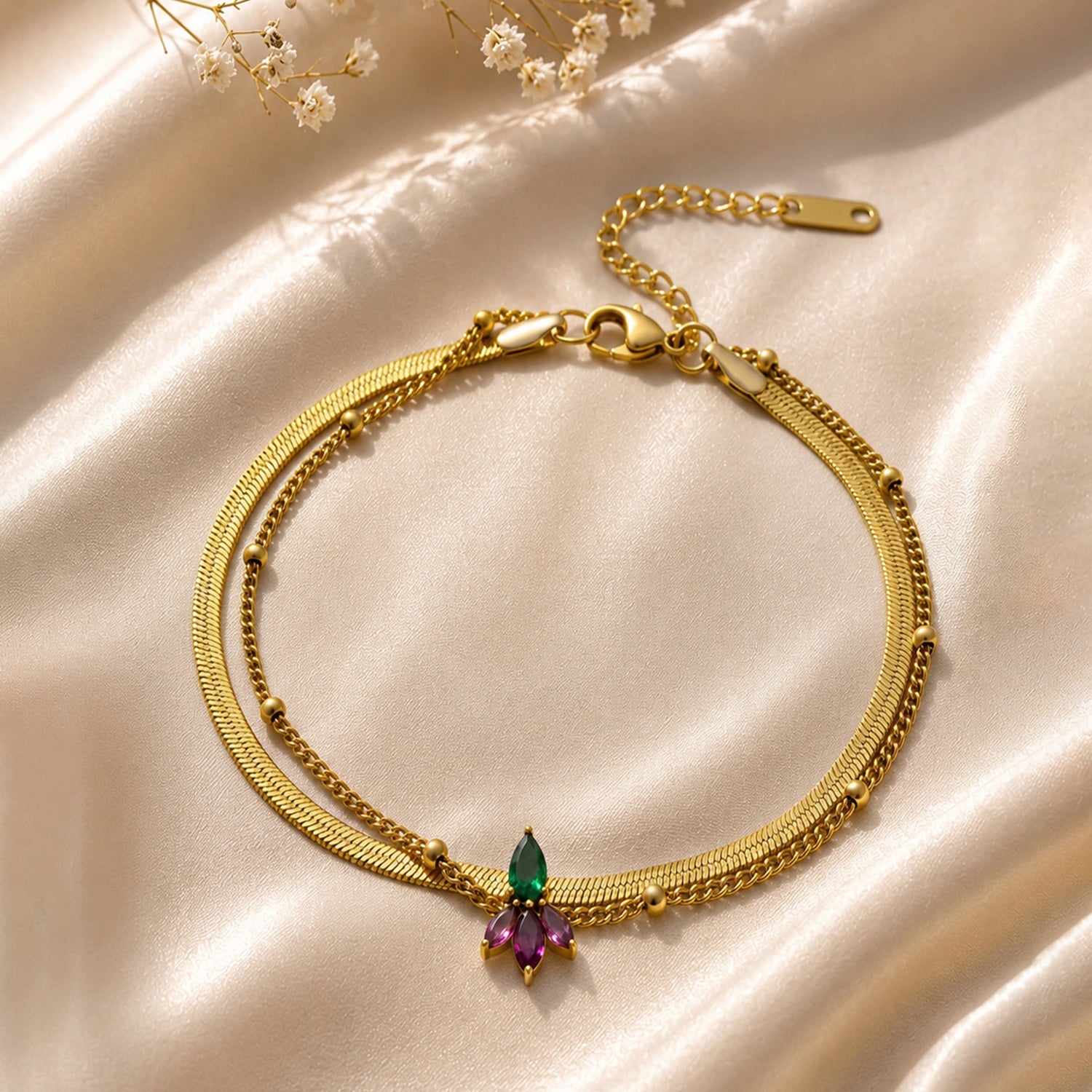 Artklim Gold Floral Crystal Charm Anti-Tarnish Anklet